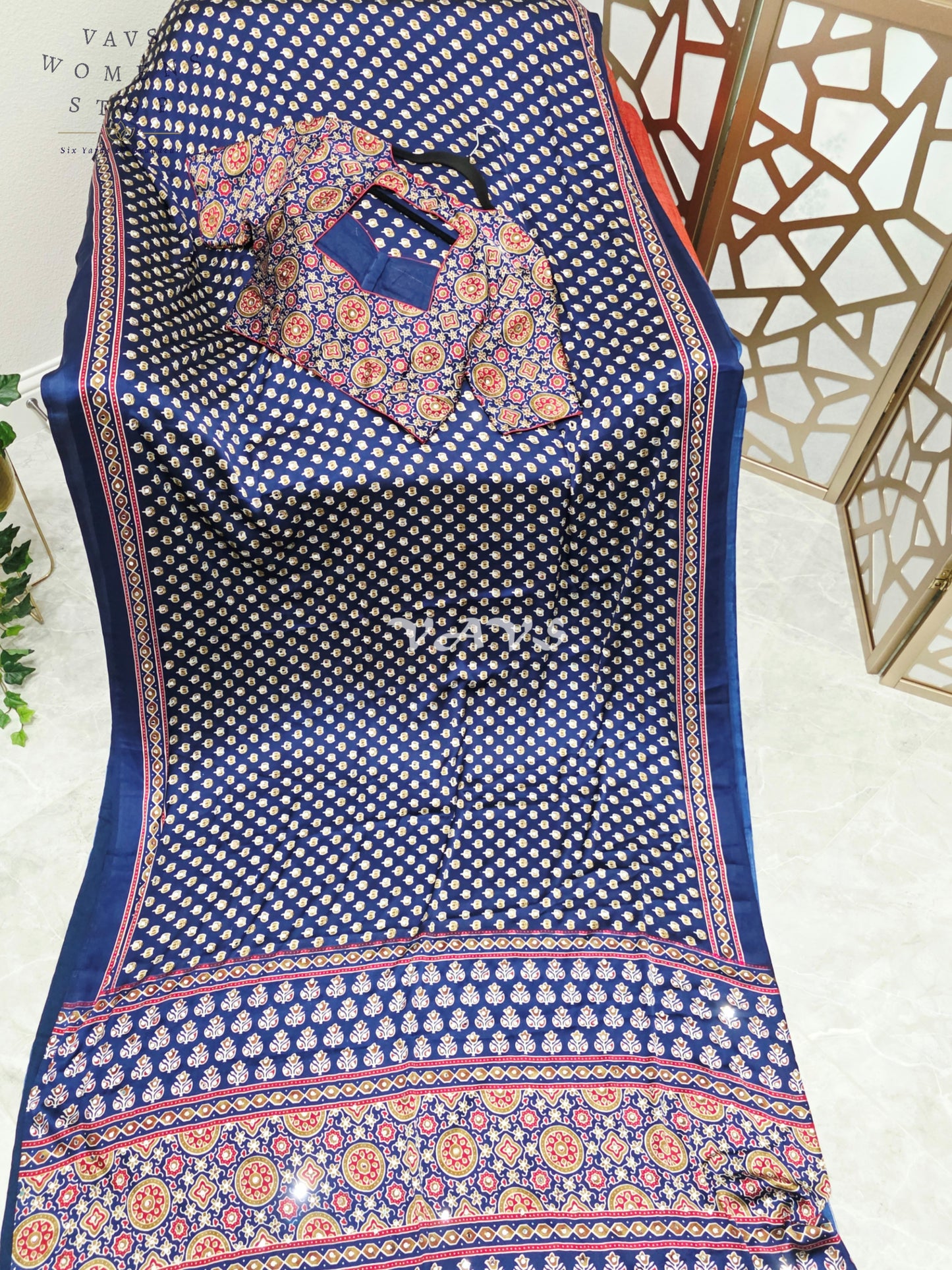 Royal Indigo Navy Ajrakh Semi Modal Silk Saree with Original Mirror Work & Stitched Blouse Size 38-44