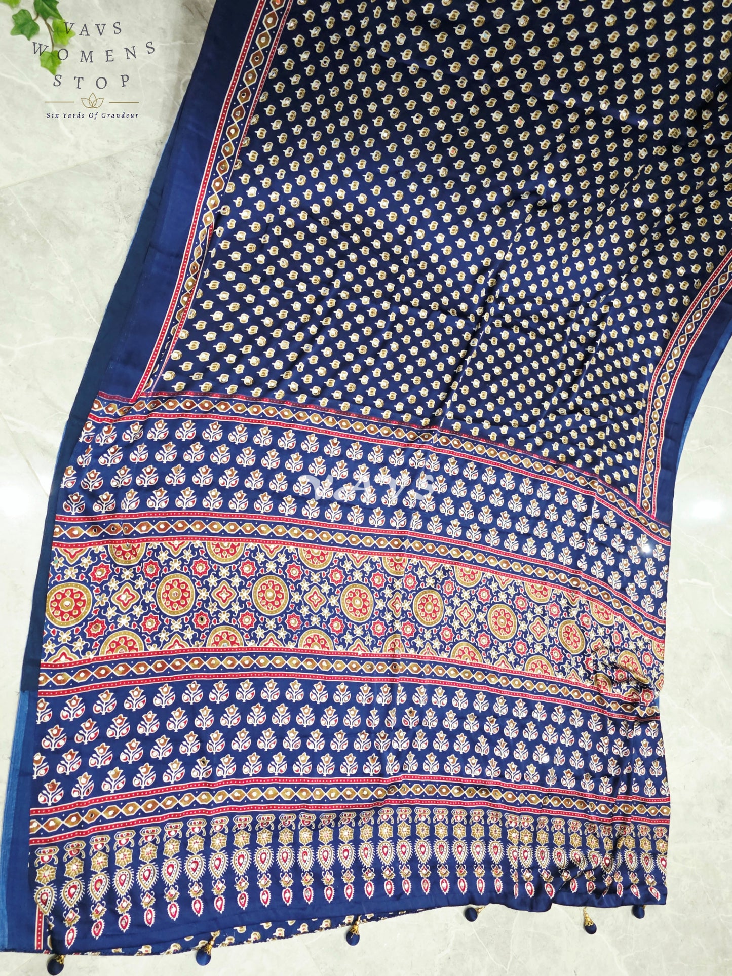 Royal Indigo Navy Ajrakh Semi Modal Silk Saree with Original Mirror Work & Stitched Blouse Size 38-44