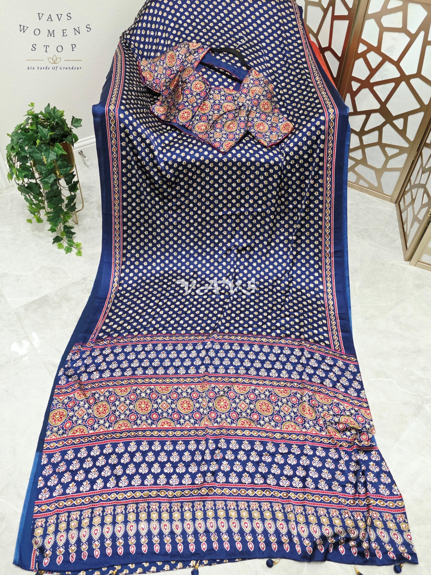 Royal Indigo Navy Ajrakh Semi Modal Silk Saree with Original Mirror Work & Stitched Blouse Size 38-44