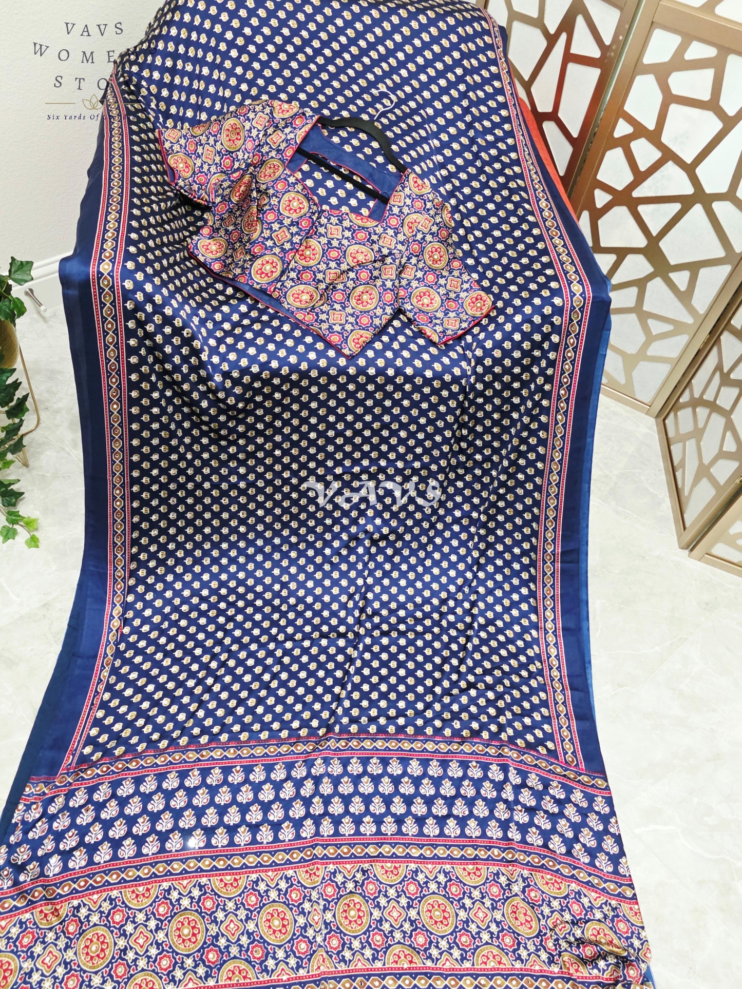 Royal Indigo Navy Ajrakh Semi Modal Silk Saree with Original Mirror Work & Stitched Blouse Size 38-44