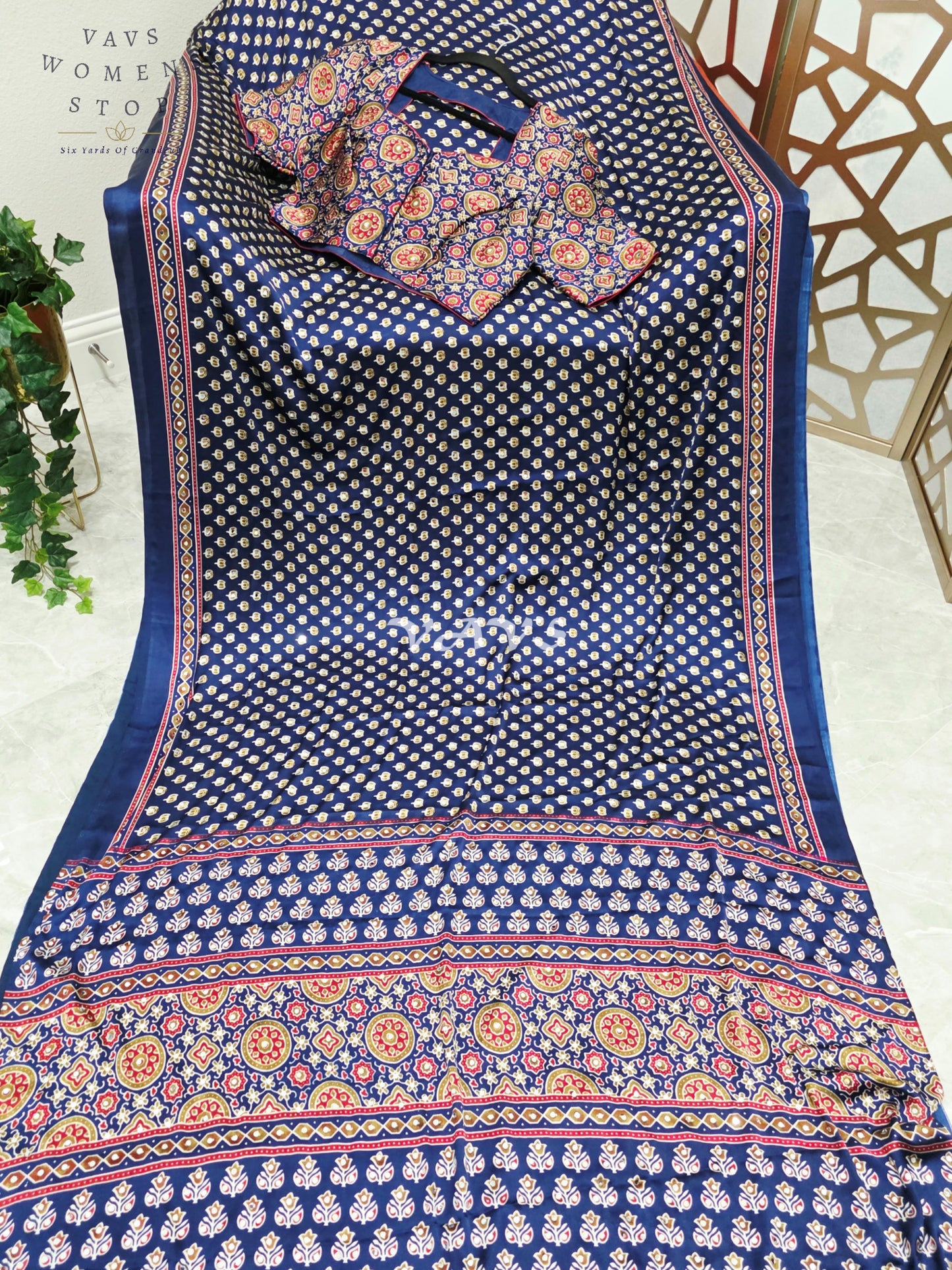 Royal Indigo Navy Ajrakh Semi Modal Silk Saree with Original Mirror Work & Stitched Blouse Size 38-44