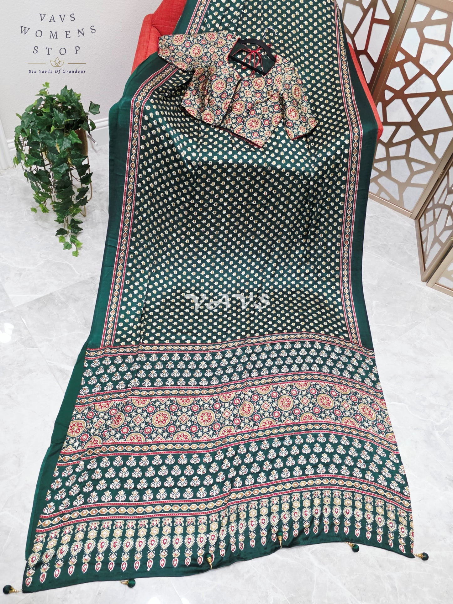 Regal Emerald Forest Green Ajrakh Semi Modal Silk Saree with Original Mirror Work & Stitched Blouse Size 36-42