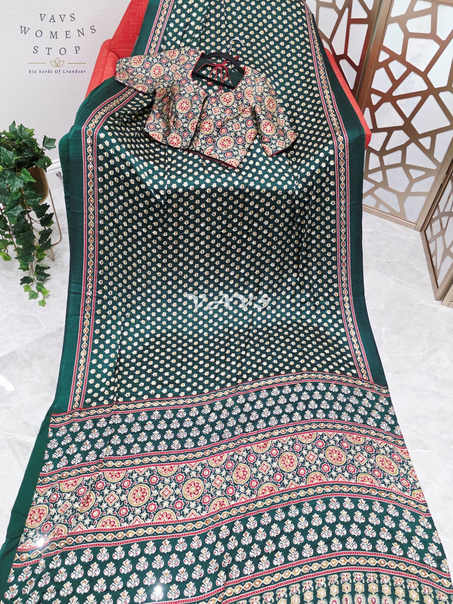 Regal Emerald Forest Green Ajrakh Semi Modal Silk Saree with Original Mirror Work & Stitched Blouse Size 36-42