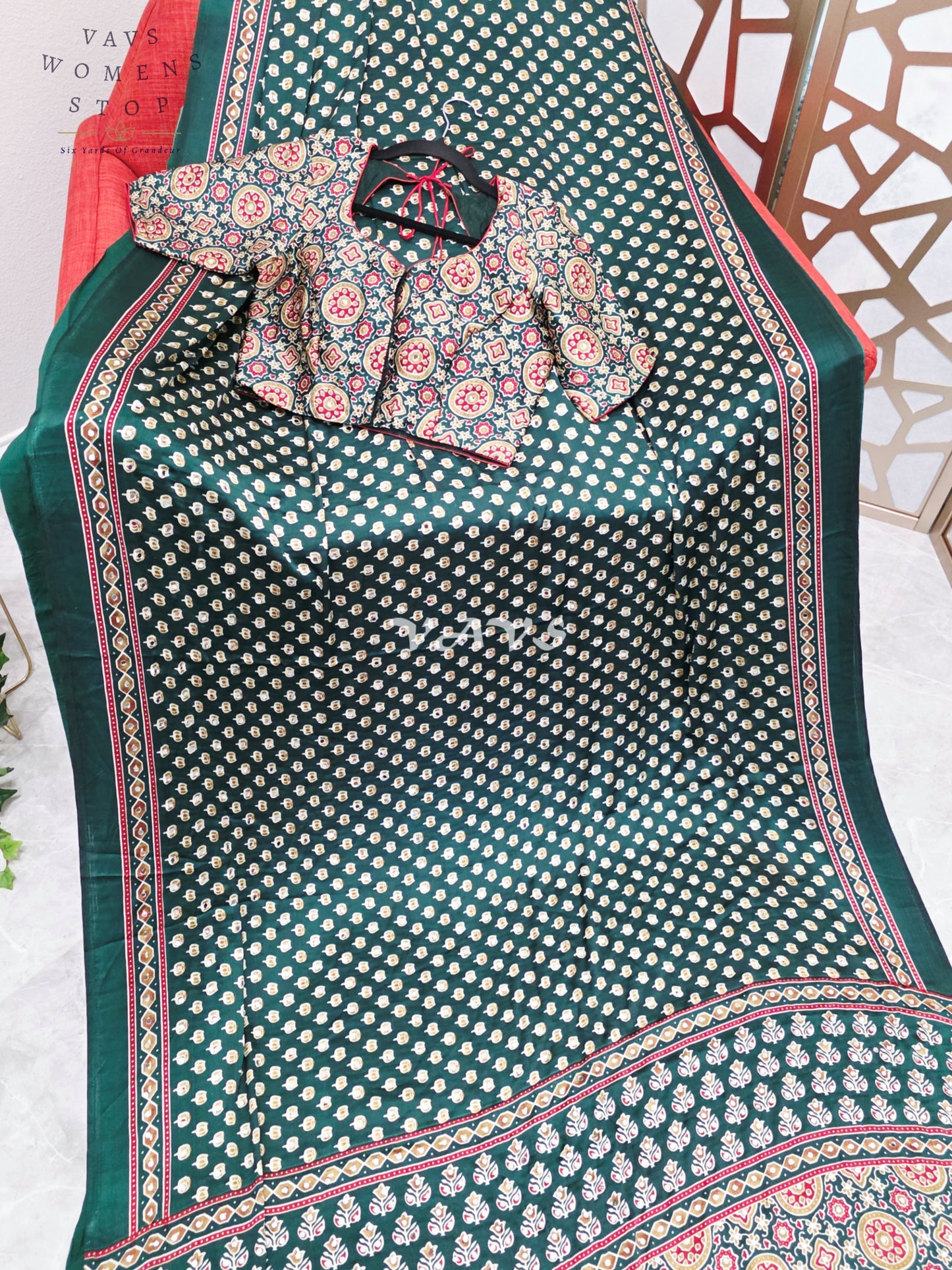 Regal Emerald Forest Green Ajrakh Semi Modal Silk Saree with Original Mirror Work & Stitched Blouse Size 36-42