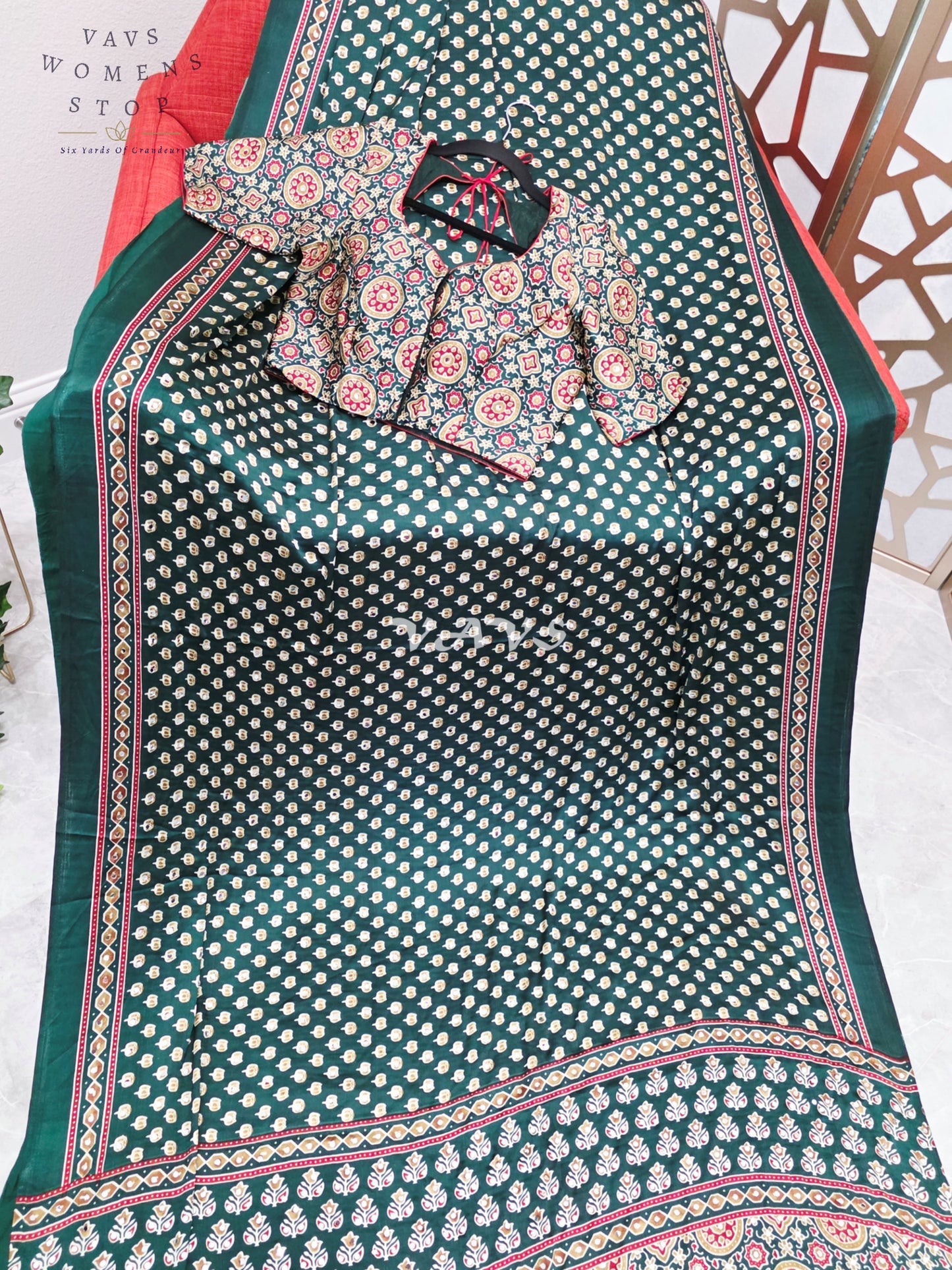 Regal Emerald Forest Green Ajrakh Semi Modal Silk Saree with Original Mirror Work & Stitched Blouse Size 36-42