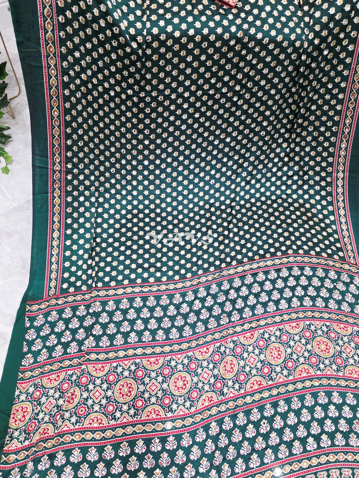 Regal Emerald Forest Green Ajrakh Semi Modal Silk Saree with Original Mirror Work & Stitched Blouse Size 36-42