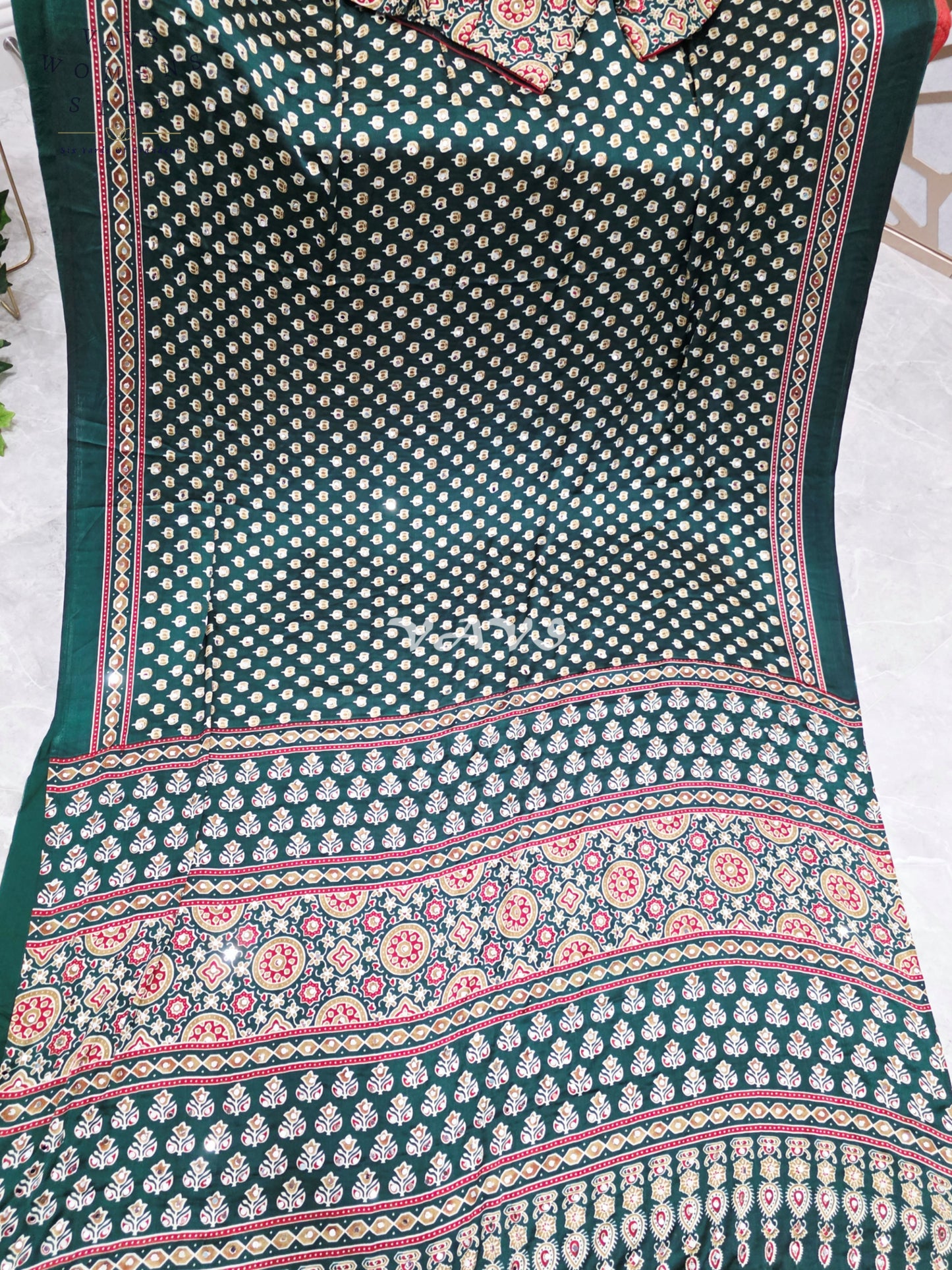 Regal Emerald Forest Green Ajrakh Semi Modal Silk Saree with Original Mirror Work & Stitched Blouse Size 36-42