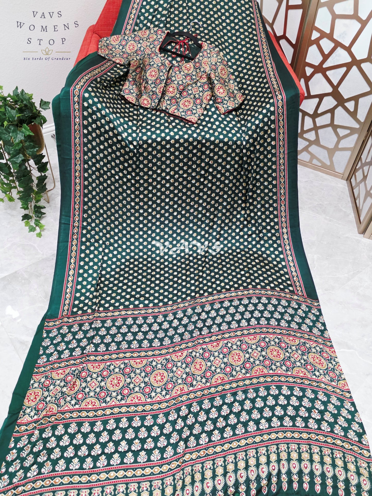 Regal Emerald Forest Green Ajrakh Semi Modal Silk Saree with Original Mirror Work & Stitched Blouse Size 36-42