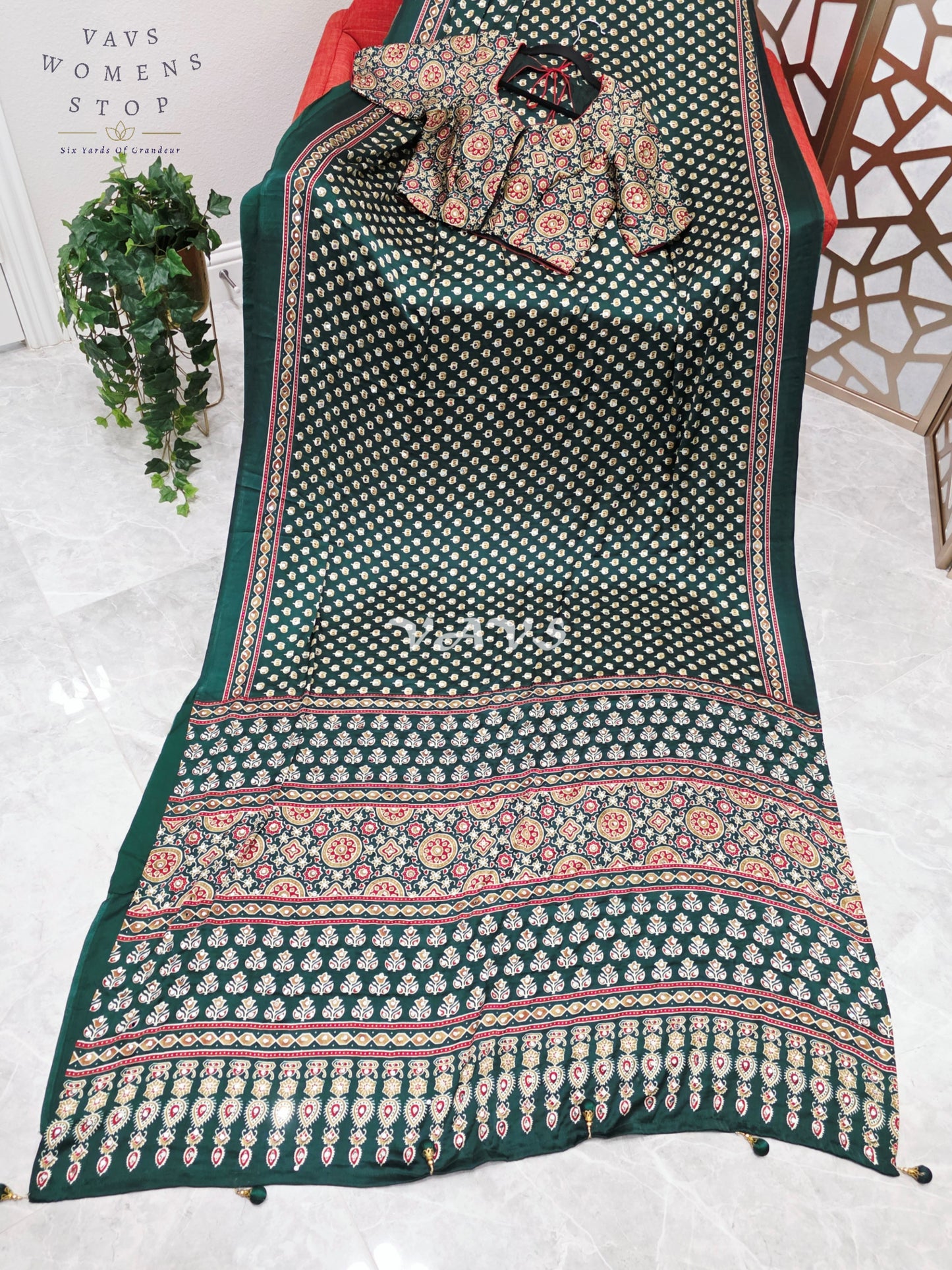 Regal Emerald Forest Green Ajrakh Semi Modal Silk Saree with Original Mirror Work & Stitched Blouse Size 36-42