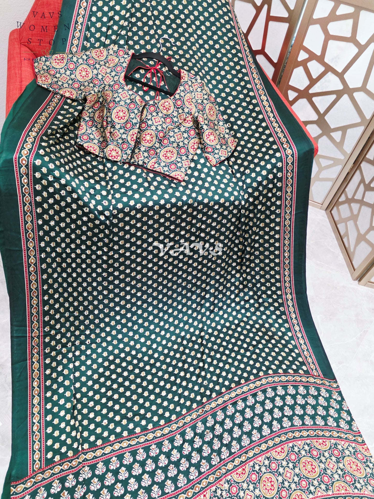 Regal Emerald Forest Green Ajrakh Semi Modal Silk Saree with Original Mirror Work & Stitched Blouse Size 36-42