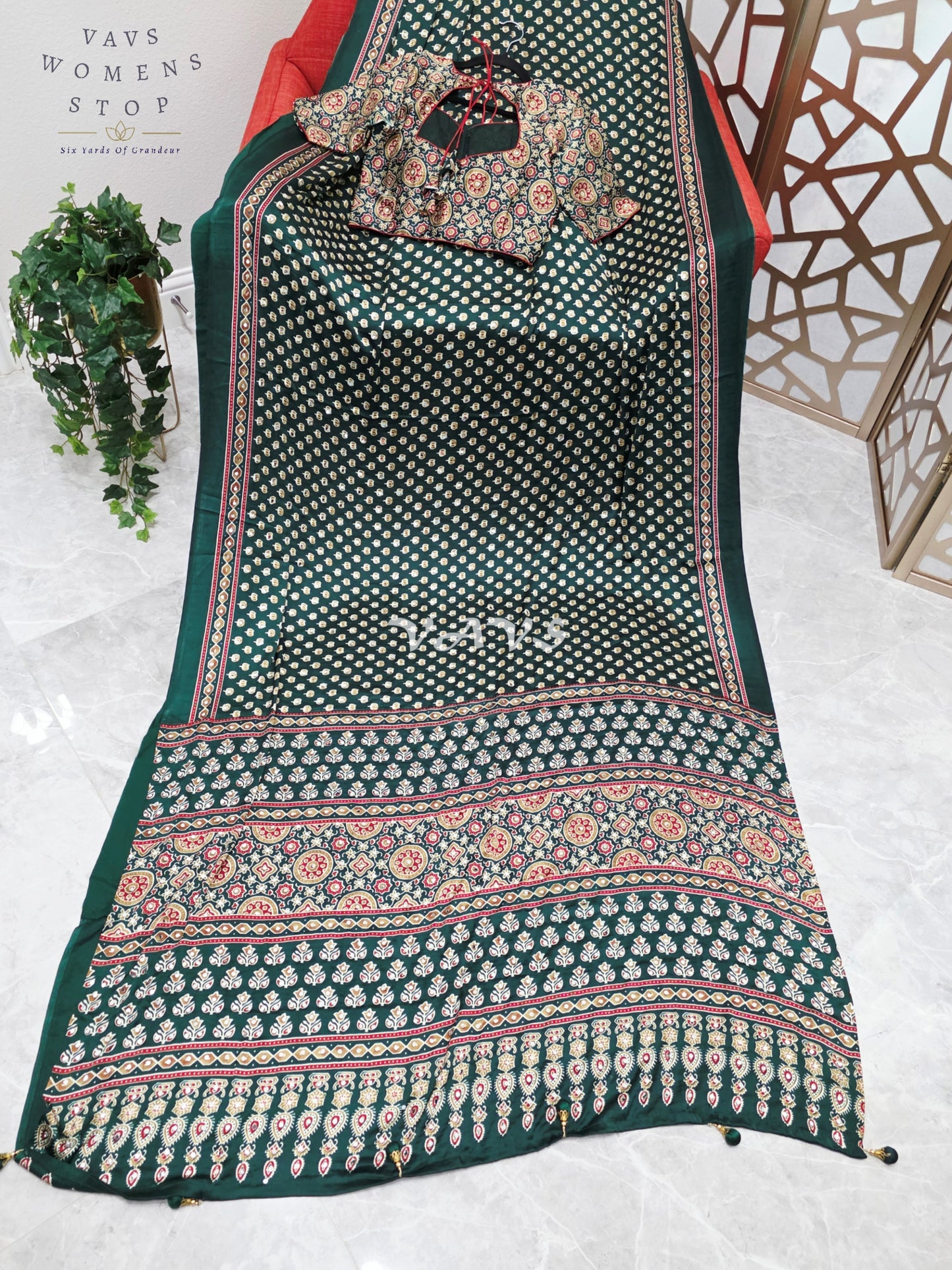 Regal Emerald Forest Green Ajrakh Semi Modal Silk Saree with Original Mirror Work & Stitched Blouse Size 36-42