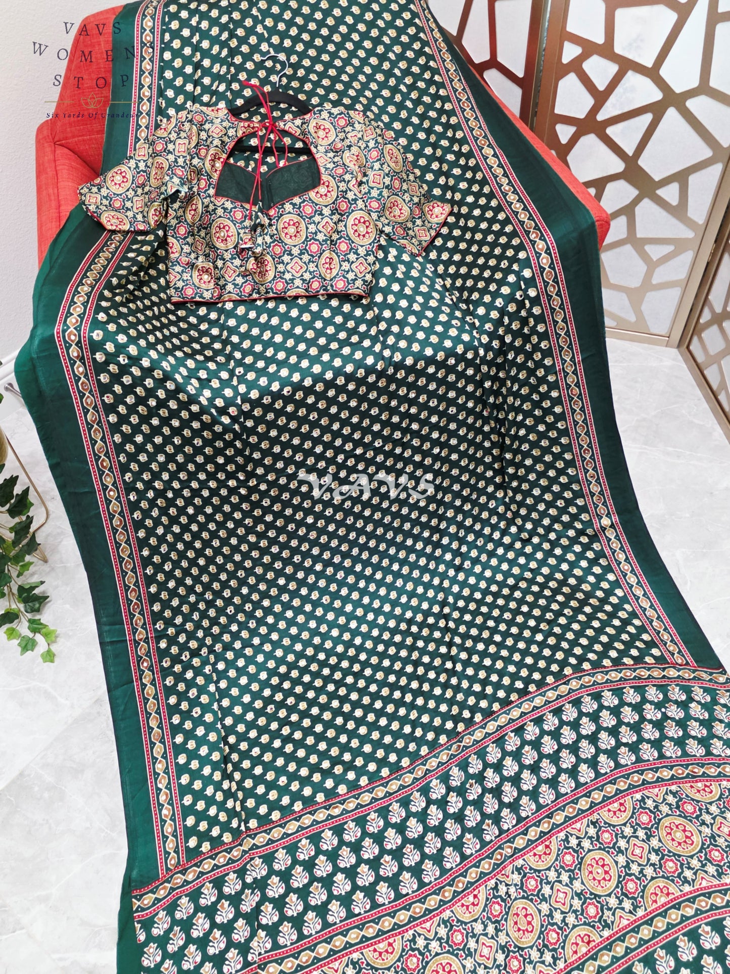Regal Emerald Forest Green Ajrakh Semi Modal Silk Saree with Original Mirror Work & Stitched Blouse Size 36-42