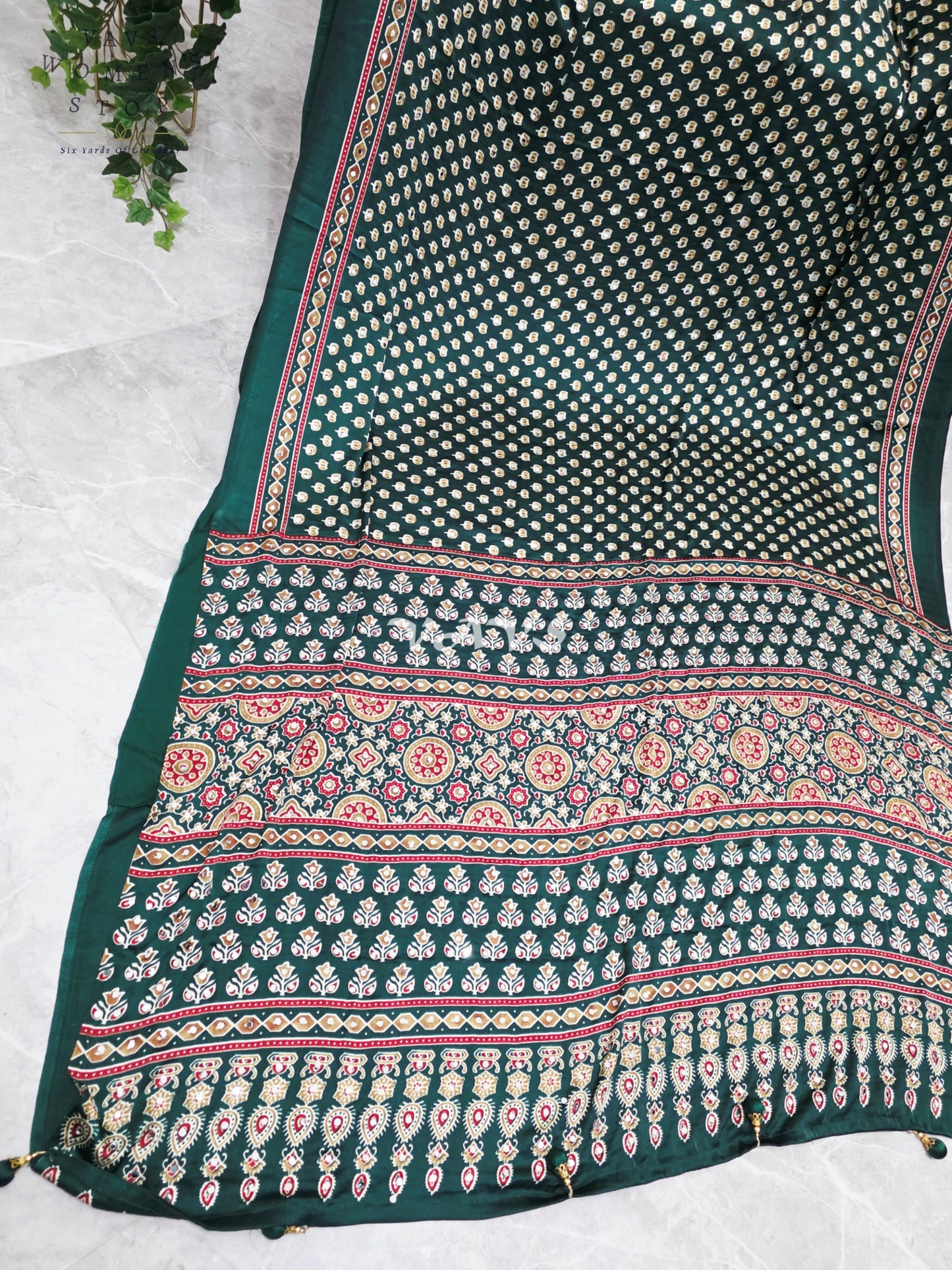 Regal Emerald Forest Green Ajrakh Semi Modal Silk Saree with Original Mirror Work & Stitched Blouse Size 36-42