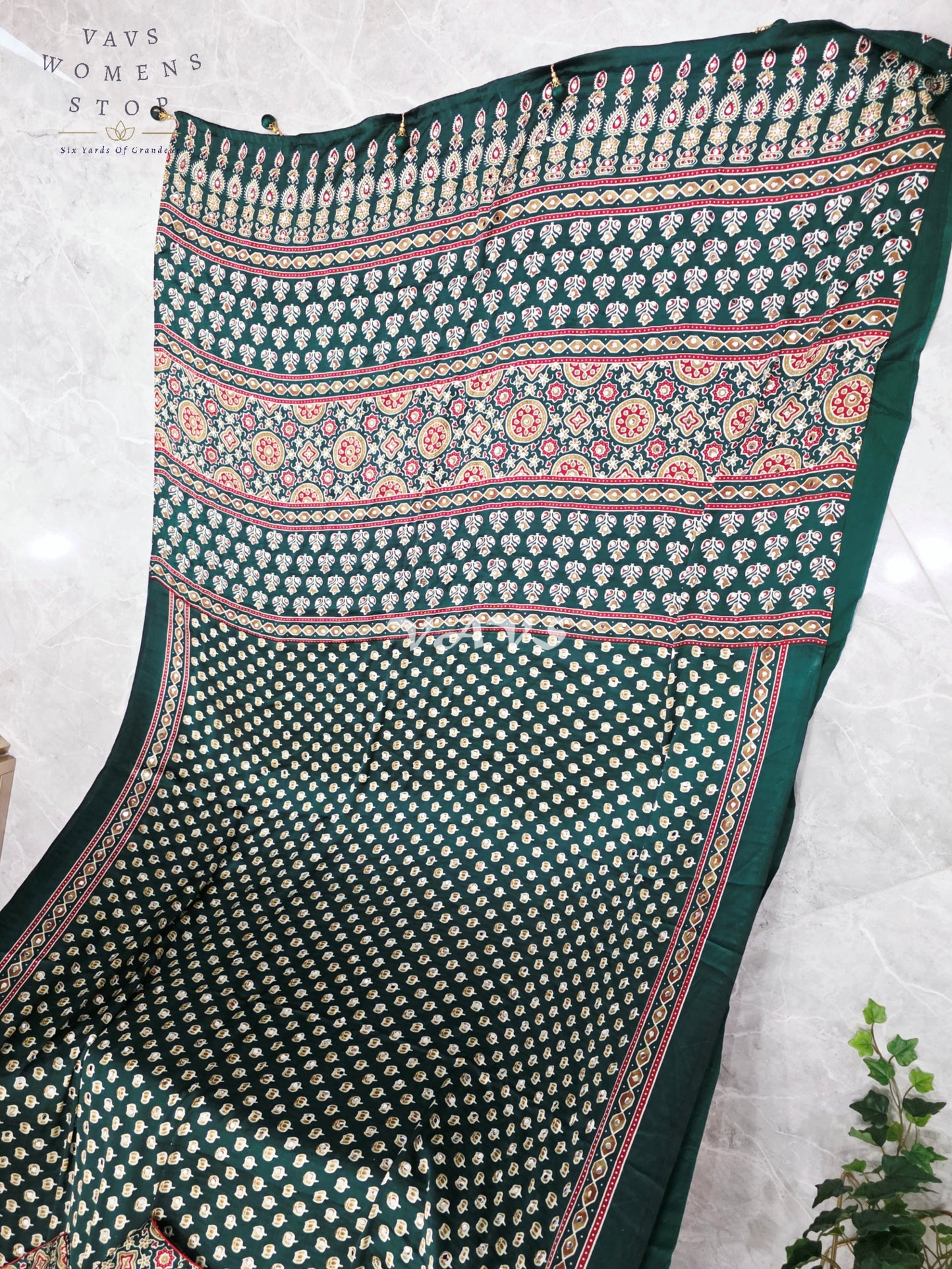 Regal Emerald Forest Green Ajrakh Semi Modal Silk Saree with Original Mirror Work & Stitched Blouse Size 36-42