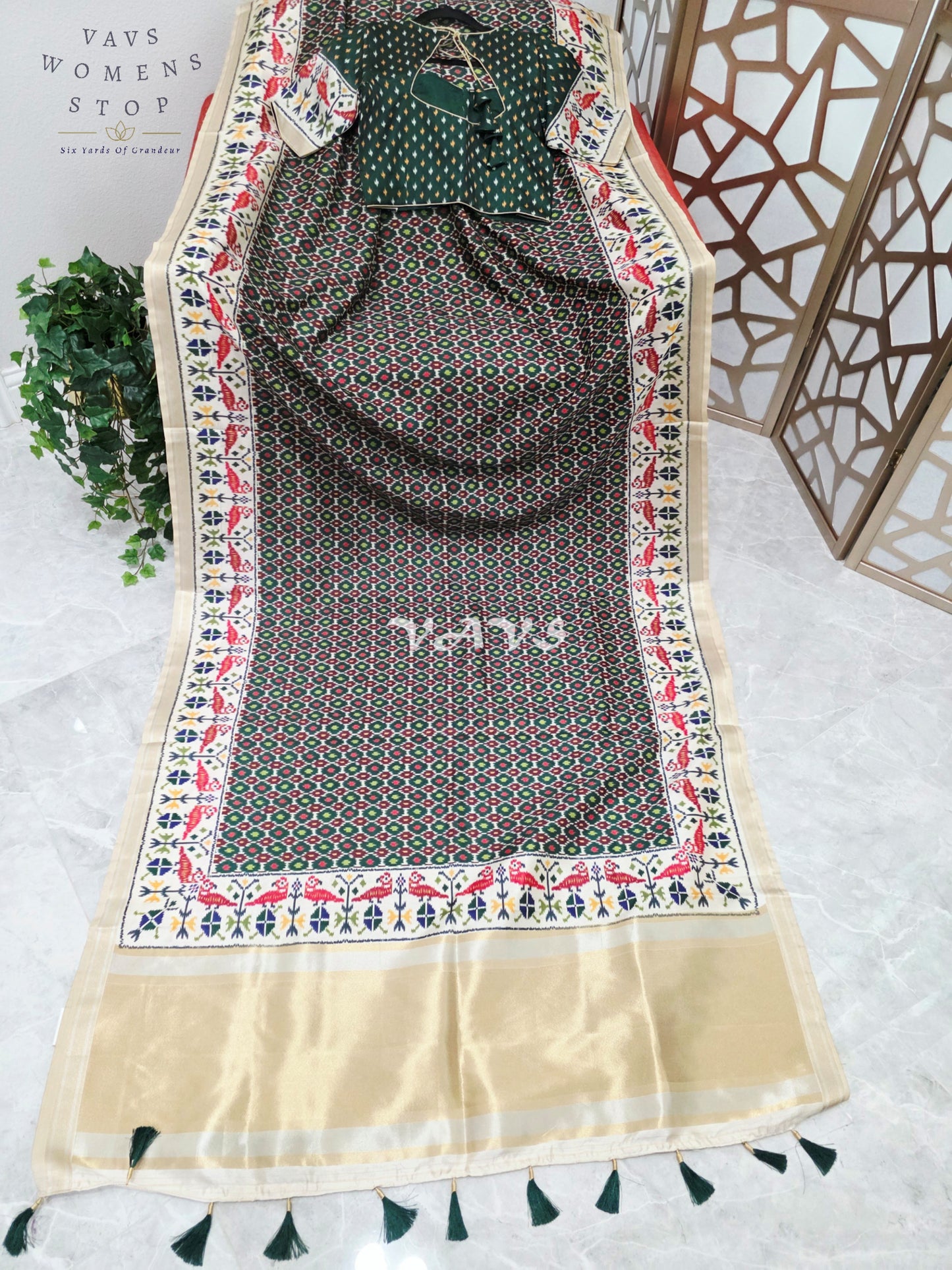 Regal Bottle Green Pochampally Ikkat Print Blended Banarasi Silk Saree with Ivory Border & Stitched Blouse Size 36-42