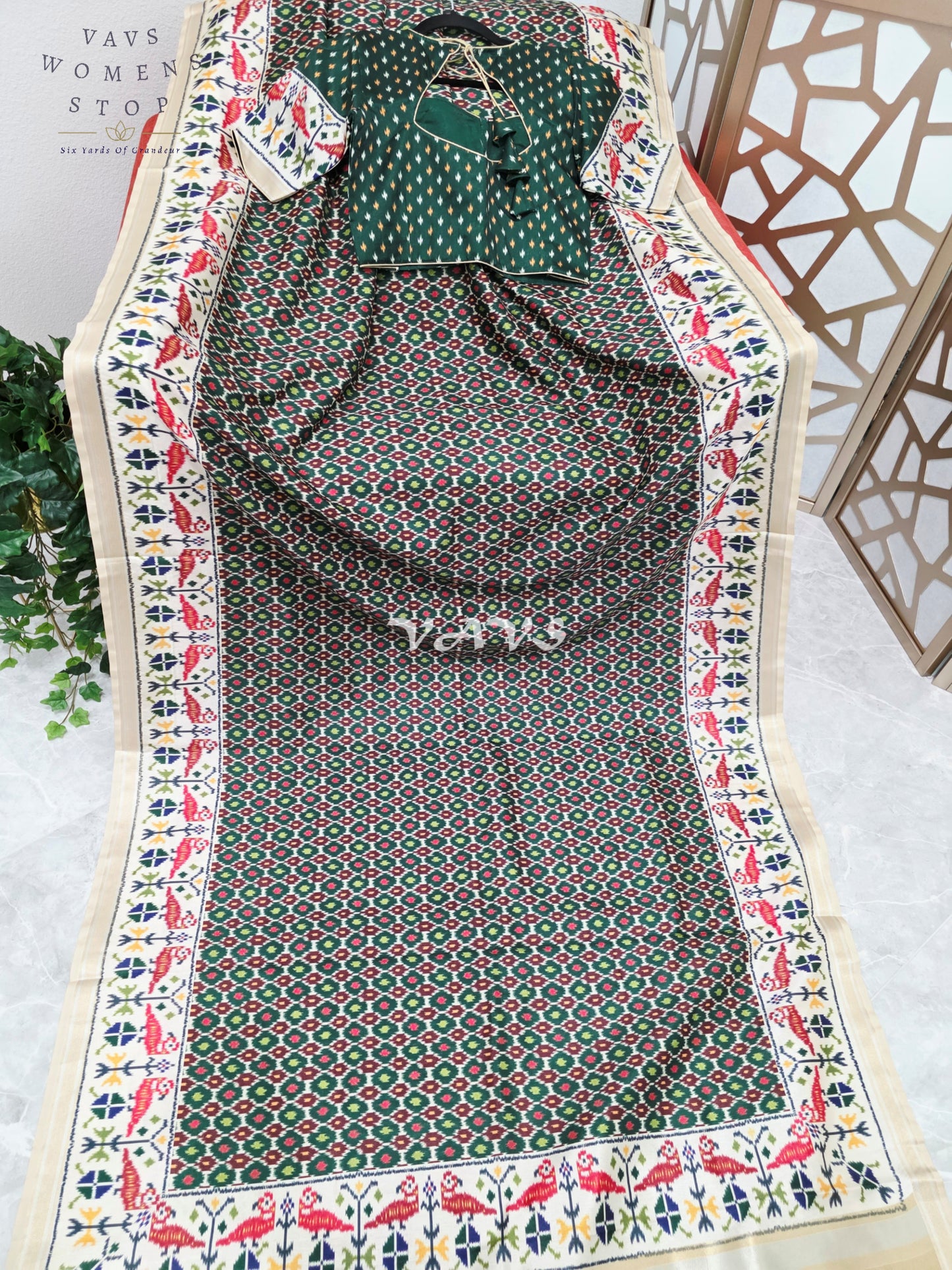 Regal Bottle Green Pochampally Ikkat Print Blended Banarasi Silk Saree with Ivory Border & Stitched Blouse Size 36-42