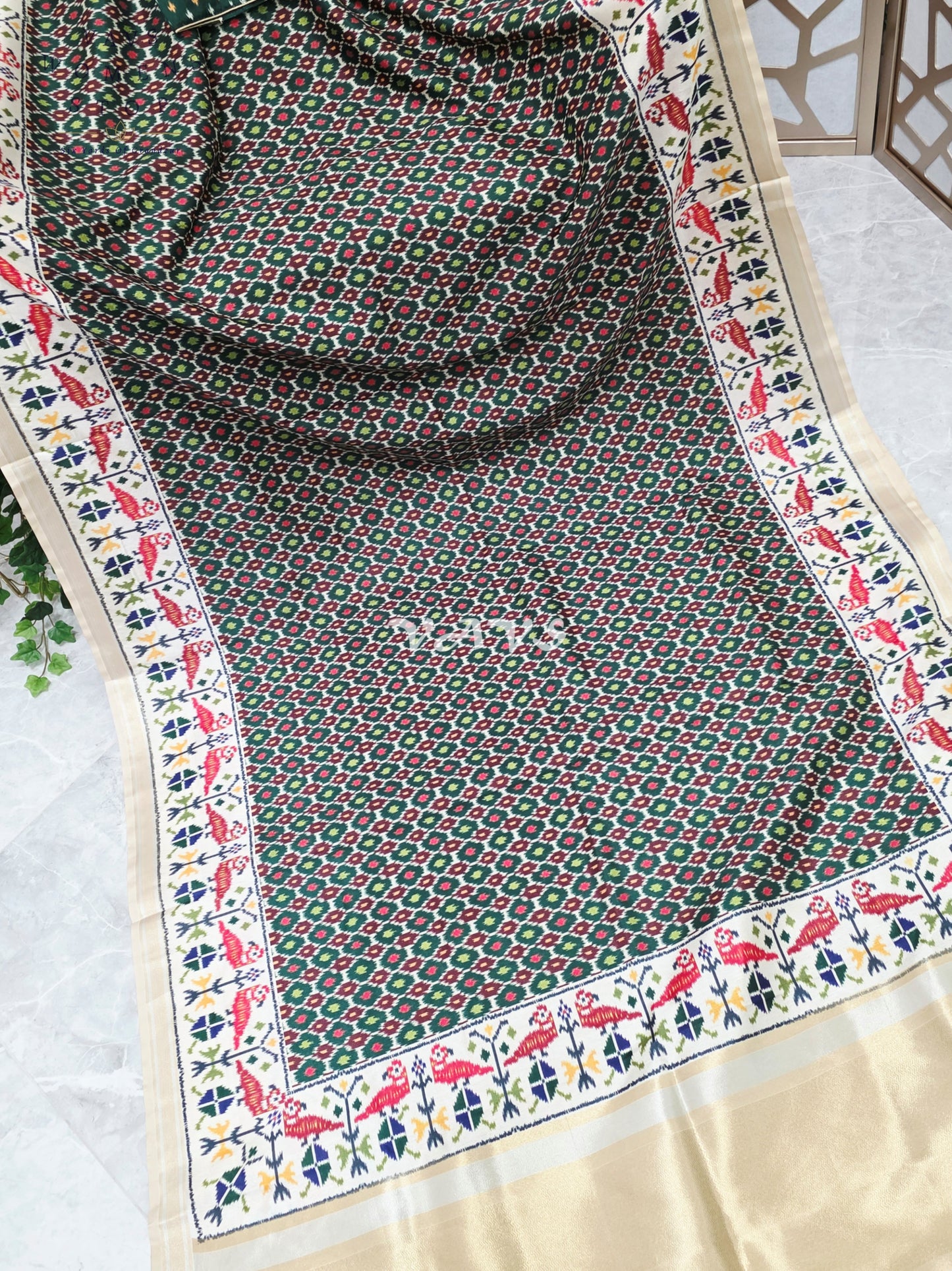 Regal Bottle Green Pochampally Ikkat Print Blended Banarasi Silk Saree with Ivory Border & Stitched Blouse Size 36-42
