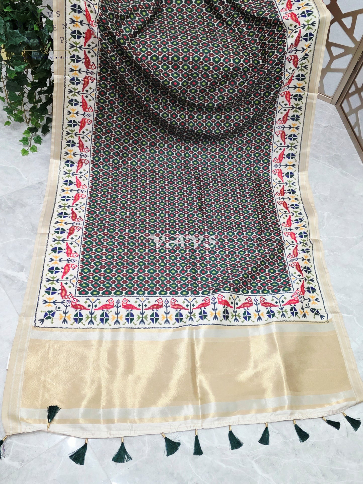Regal Bottle Green Pochampally Ikkat Print Blended Banarasi Silk Saree with Ivory Border & Stitched Blouse Size 36-42