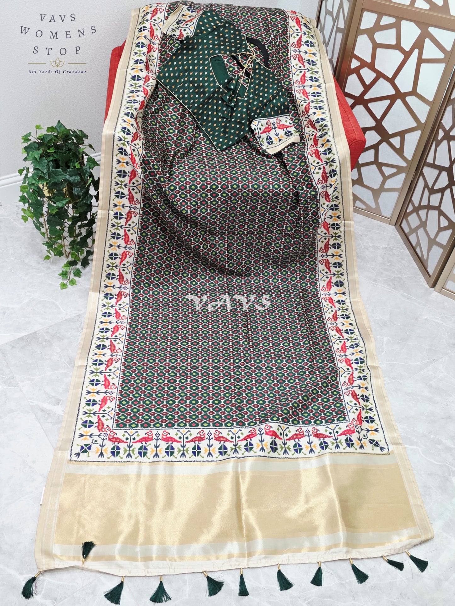 Regal Bottle Green Pochampally Ikkat Print Blended Banarasi Silk Saree with Ivory Border & Stitched Blouse Size 36-42
