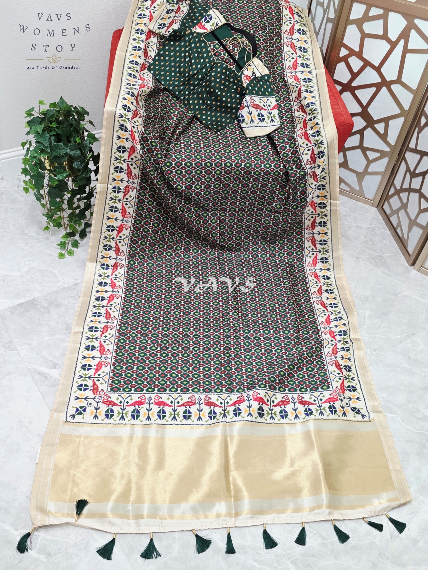 Regal Bottle Green Pochampally Ikkat Print Blended Banarasi Silk Saree with Ivory Border & Stitched Blouse Size 36-42