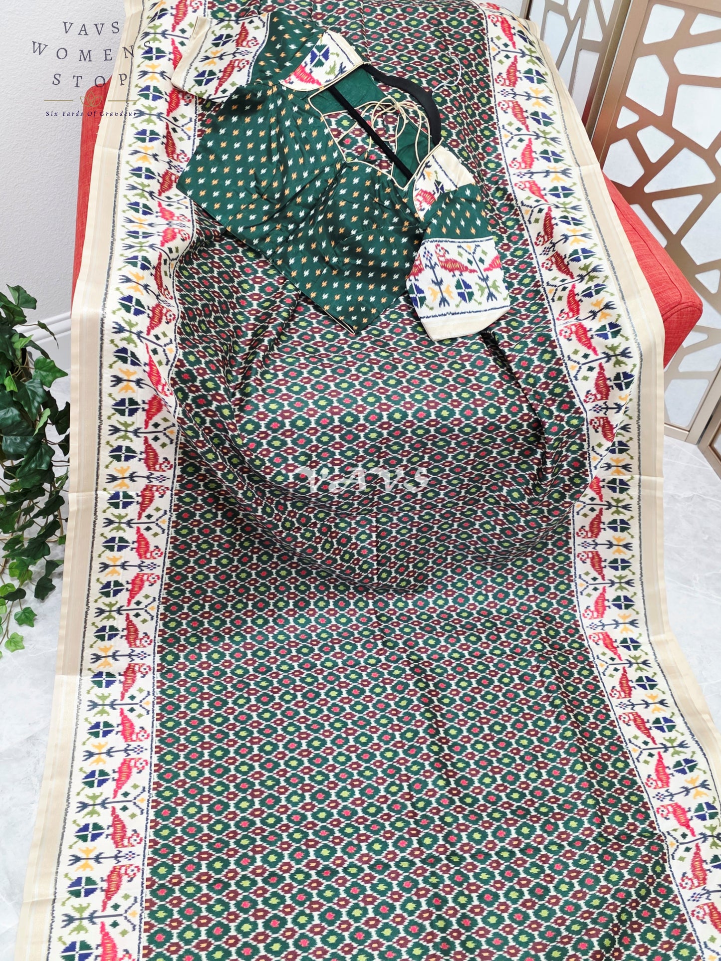 Regal Bottle Green Pochampally Ikkat Print Blended Banarasi Silk Saree with Ivory Border & Stitched Blouse Size 36-42