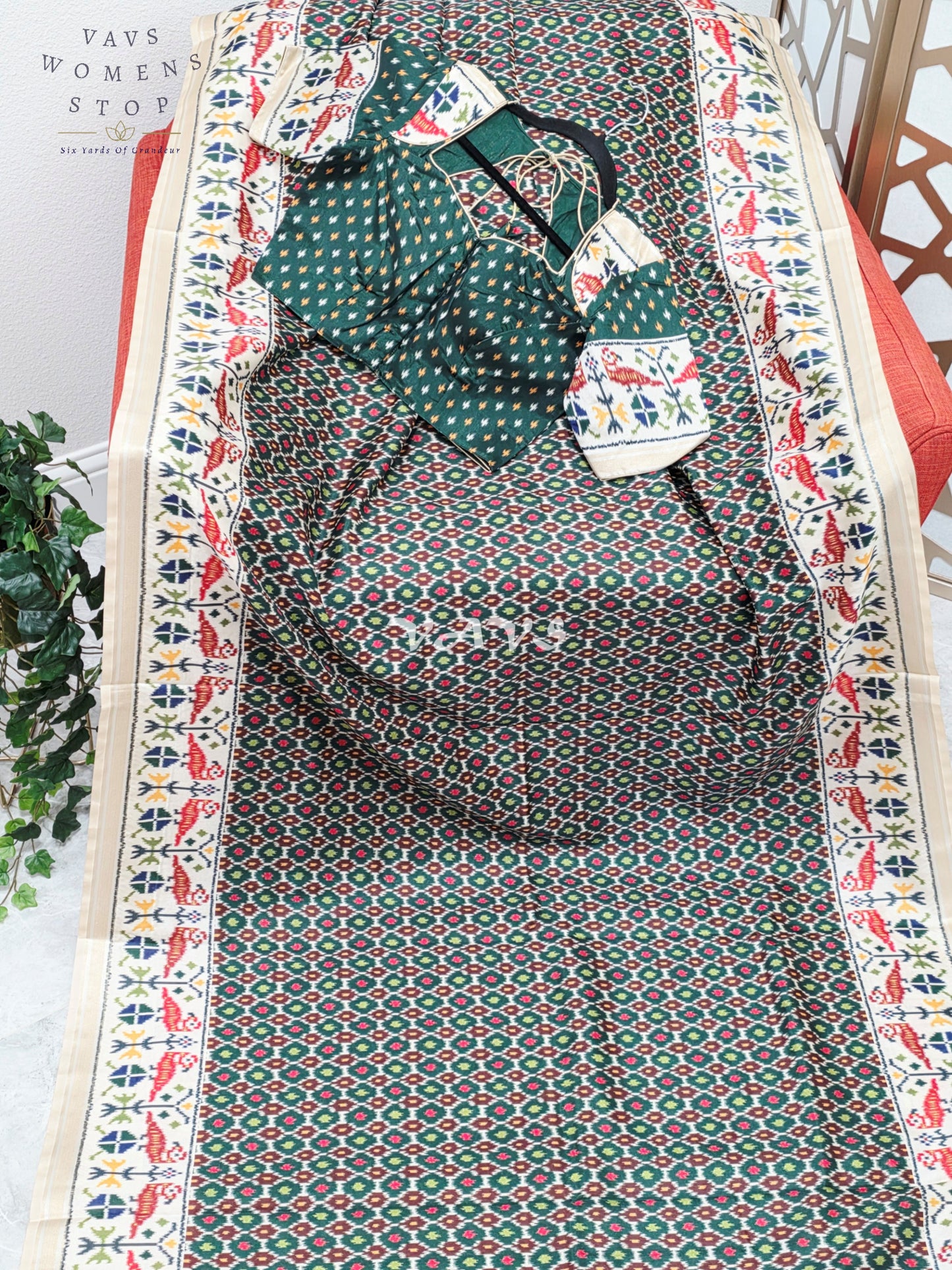 Regal Bottle Green Pochampally Ikkat Print Blended Banarasi Silk Saree with Ivory Border & Stitched Blouse Size 36-42