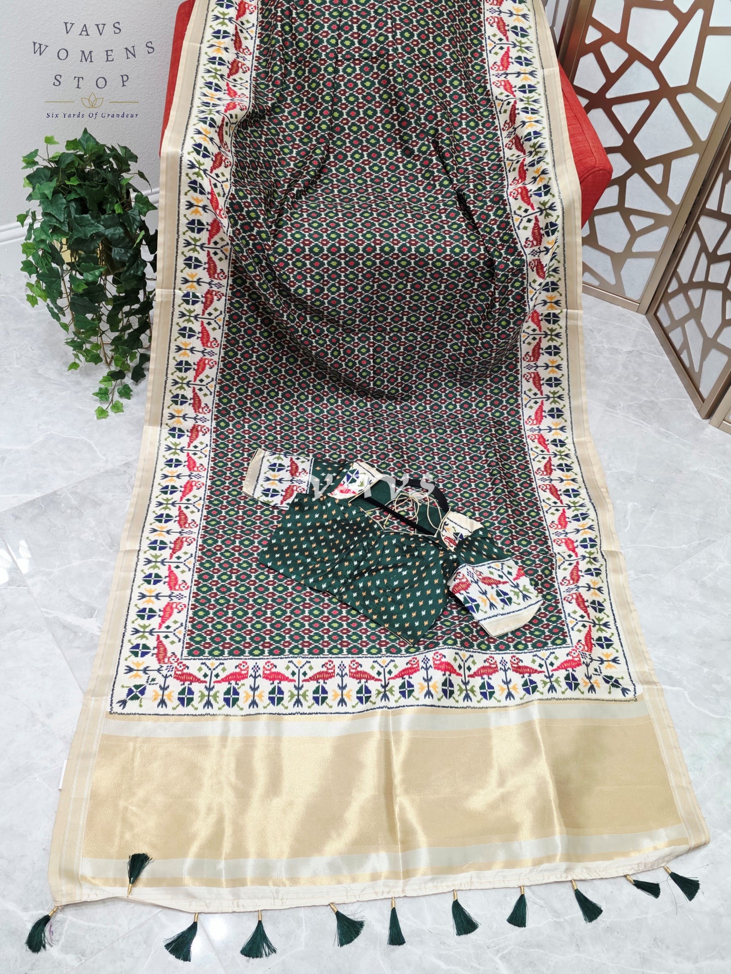 Regal Bottle Green Pochampally Ikkat Print Blended Banarasi Silk Saree with Ivory Border & Stitched Blouse Size 36-42