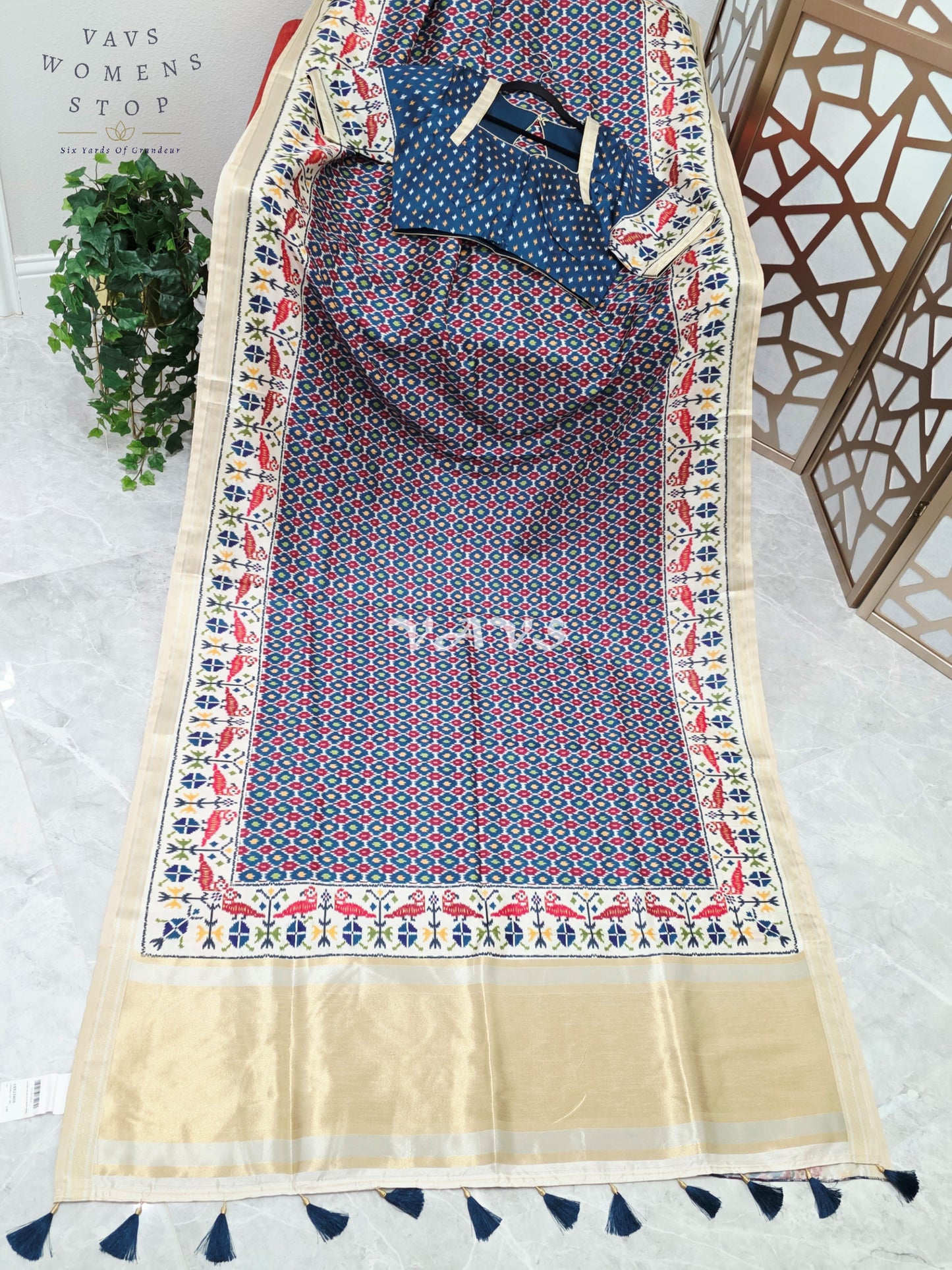 Royal Indigo Blue Pochampally Ikkat Print Blended Banarasi Silk Saree with Ivory Gold Border & Stitched Blouse Size 40-46