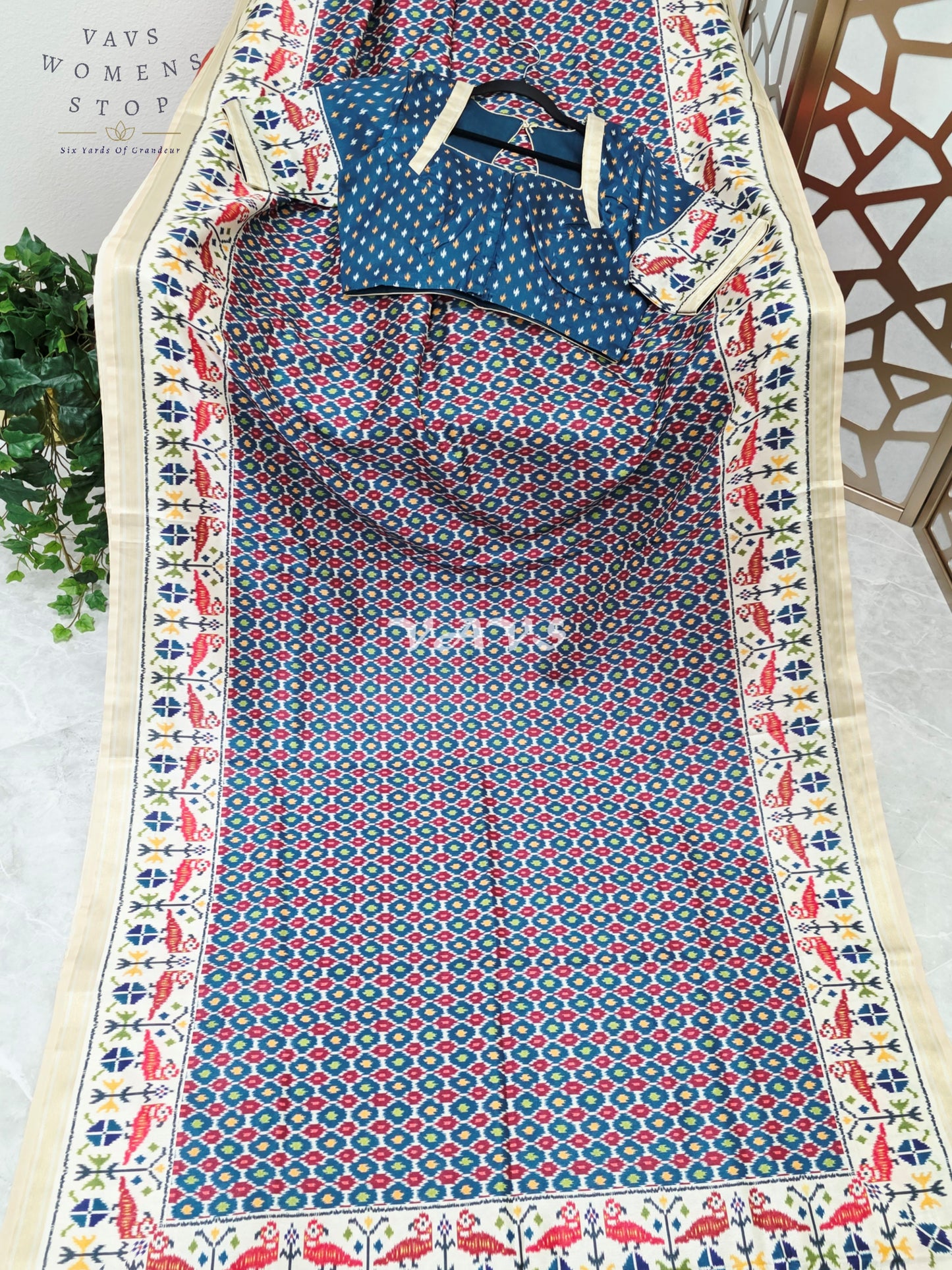 Royal Indigo Blue Pochampally Ikkat Print Blended Banarasi Silk Saree with Ivory Gold Border & Stitched Blouse Size 40-46