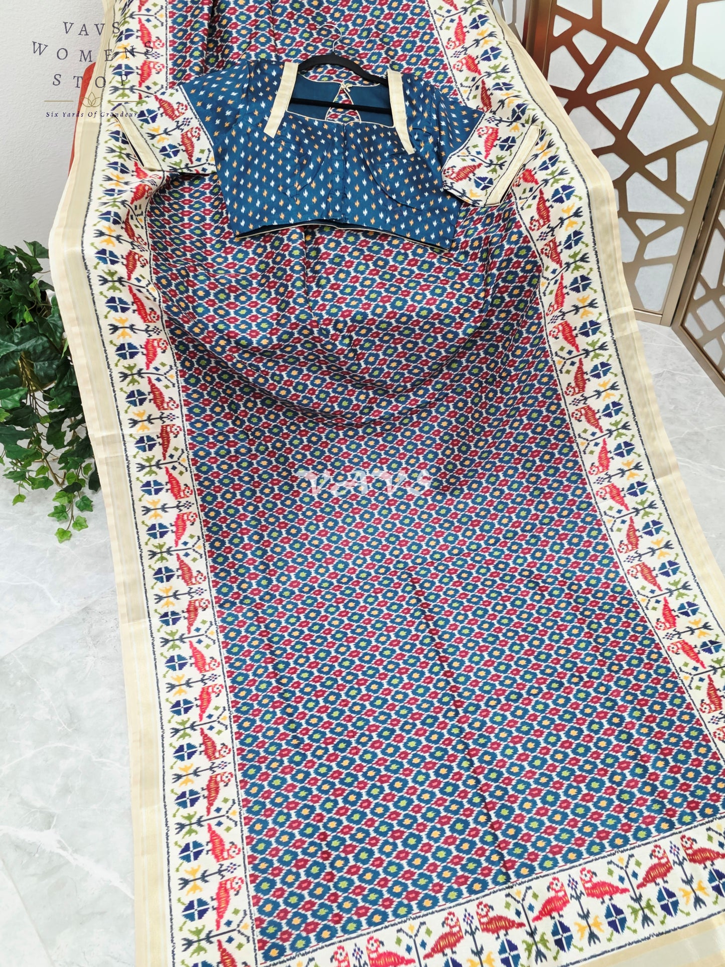 Royal Indigo Blue Pochampally Ikkat Print Blended Banarasi Silk Saree with Ivory Gold Border & Stitched Blouse Size 40-46