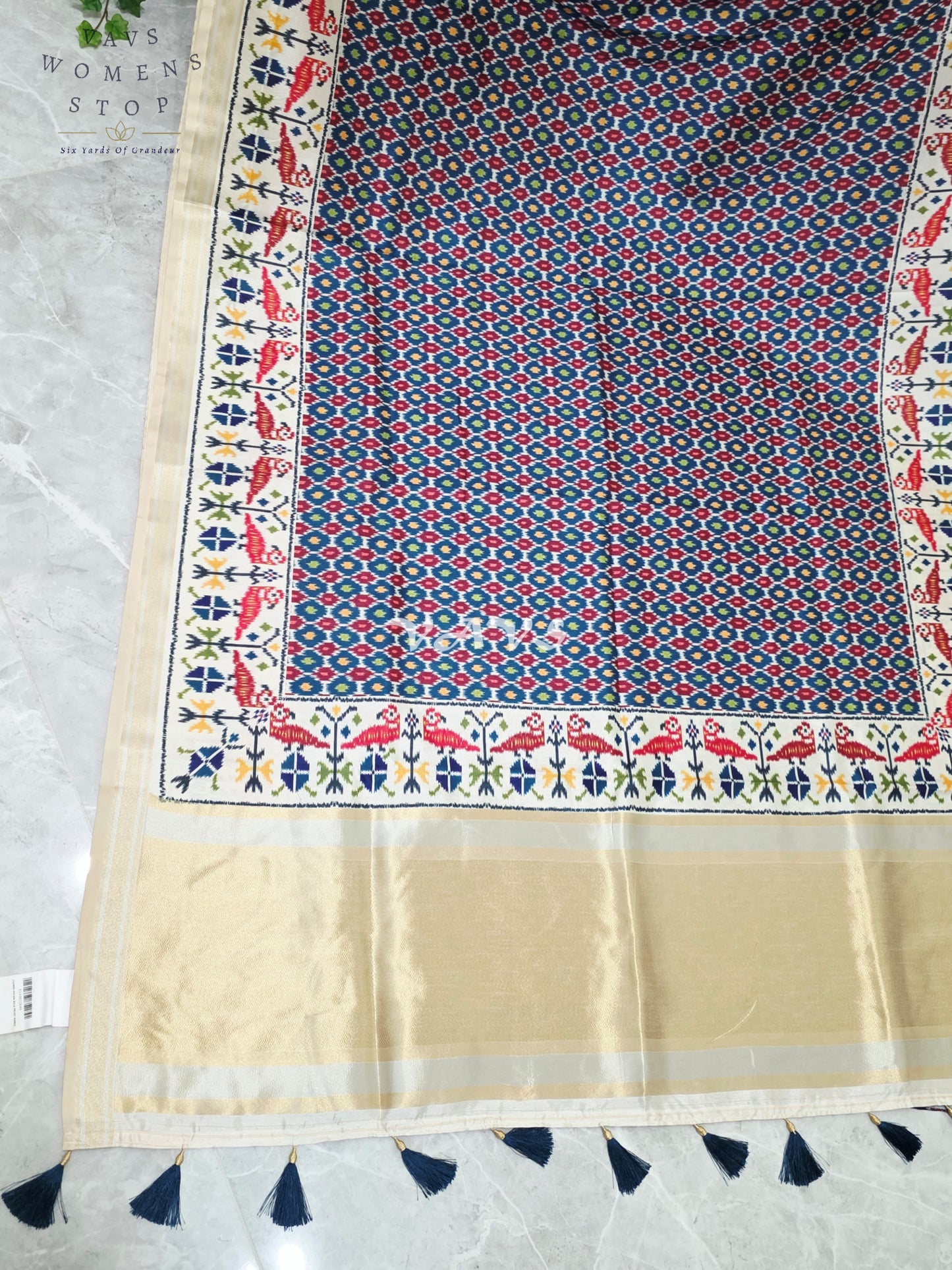 Royal Indigo Blue Pochampally Ikkat Print Blended Banarasi Silk Saree with Ivory Gold Border & Stitched Blouse Size 40-46