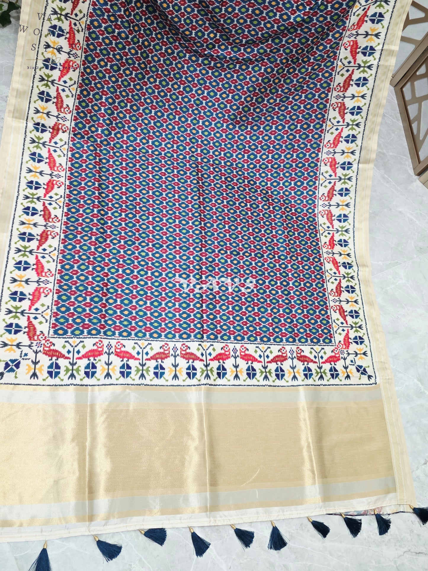 Royal Indigo Blue Pochampally Ikkat Print Blended Banarasi Silk Saree with Ivory Gold Border & Stitched Blouse Size 40-46