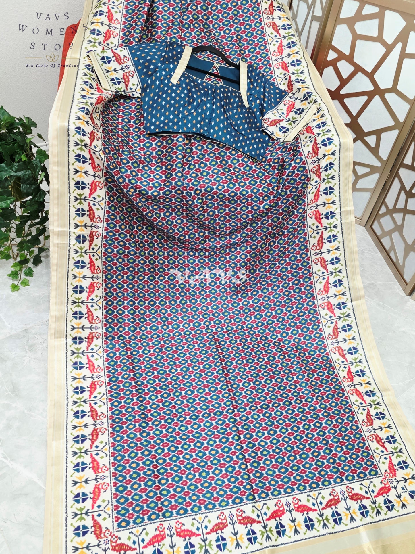 Royal Indigo Blue Pochampally Ikkat Print Blended Banarasi Silk Saree with Ivory Gold Border & Stitched Blouse Size 40-46