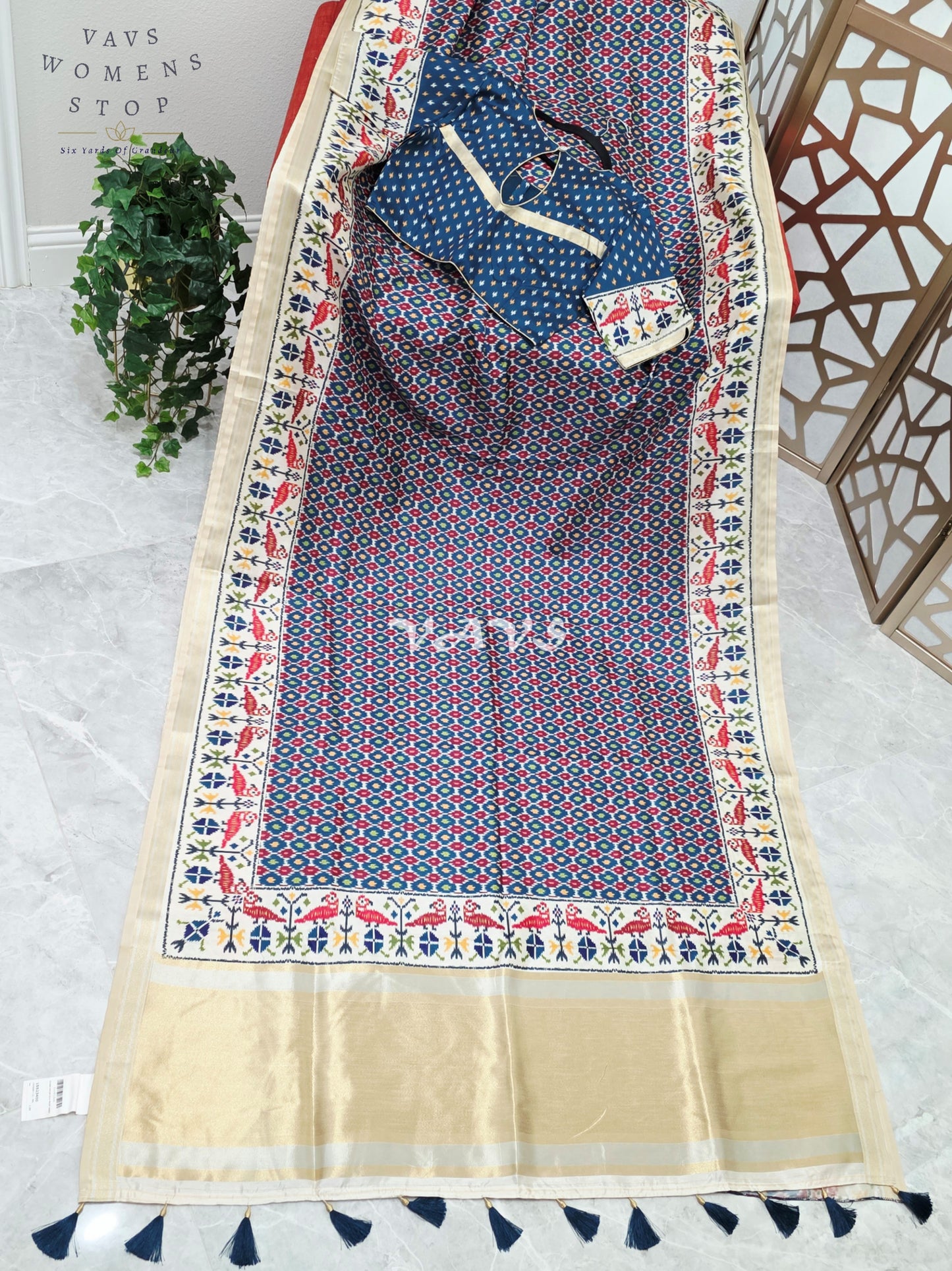 Royal Indigo Blue Pochampally Ikkat Print Blended Banarasi Silk Saree with Ivory Gold Border & Stitched Blouse Size 40-46