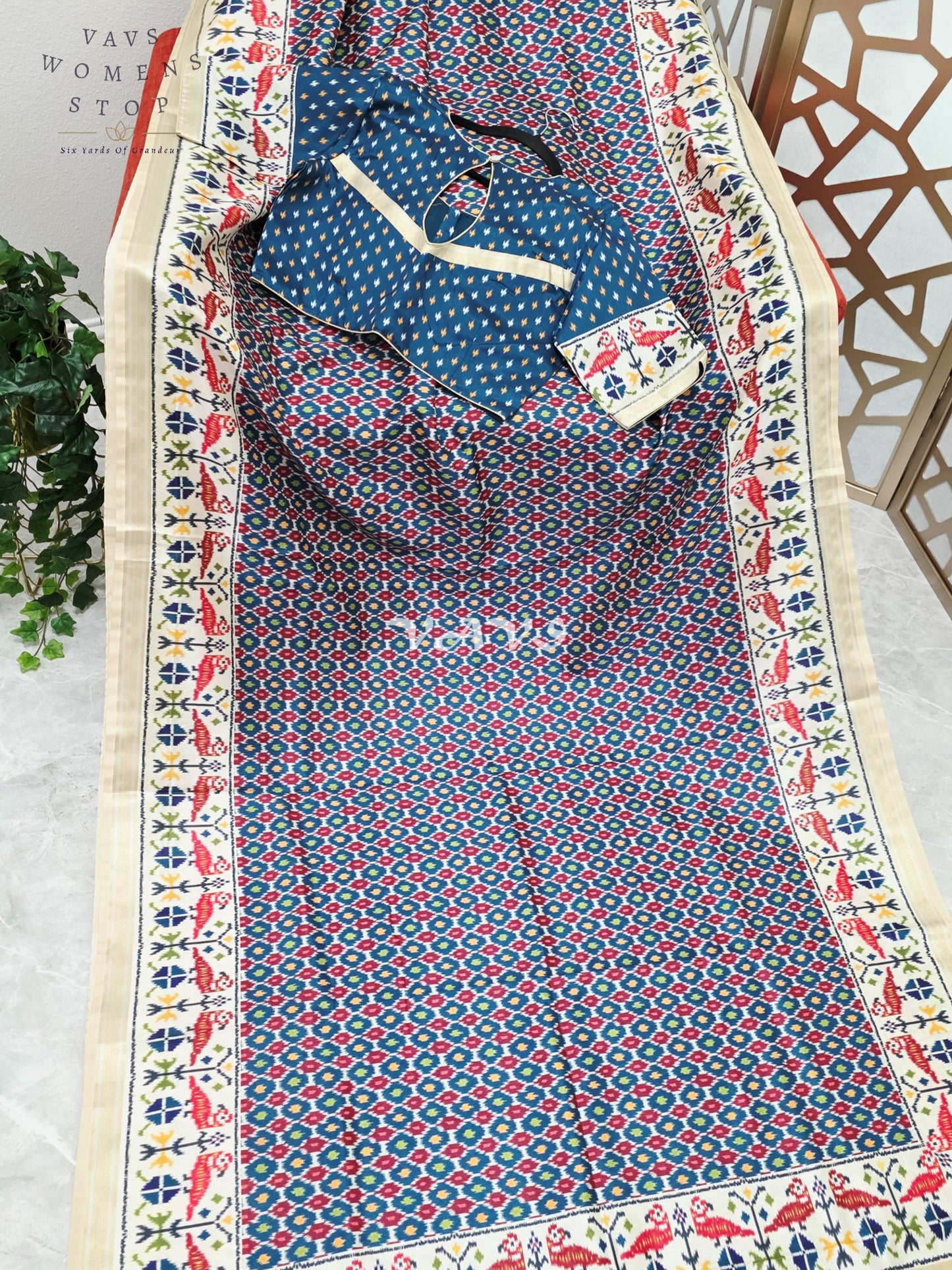Royal Indigo Blue Pochampally Ikkat Print Blended Banarasi Silk Saree with Ivory Gold Border & Stitched Blouse Size 40-46