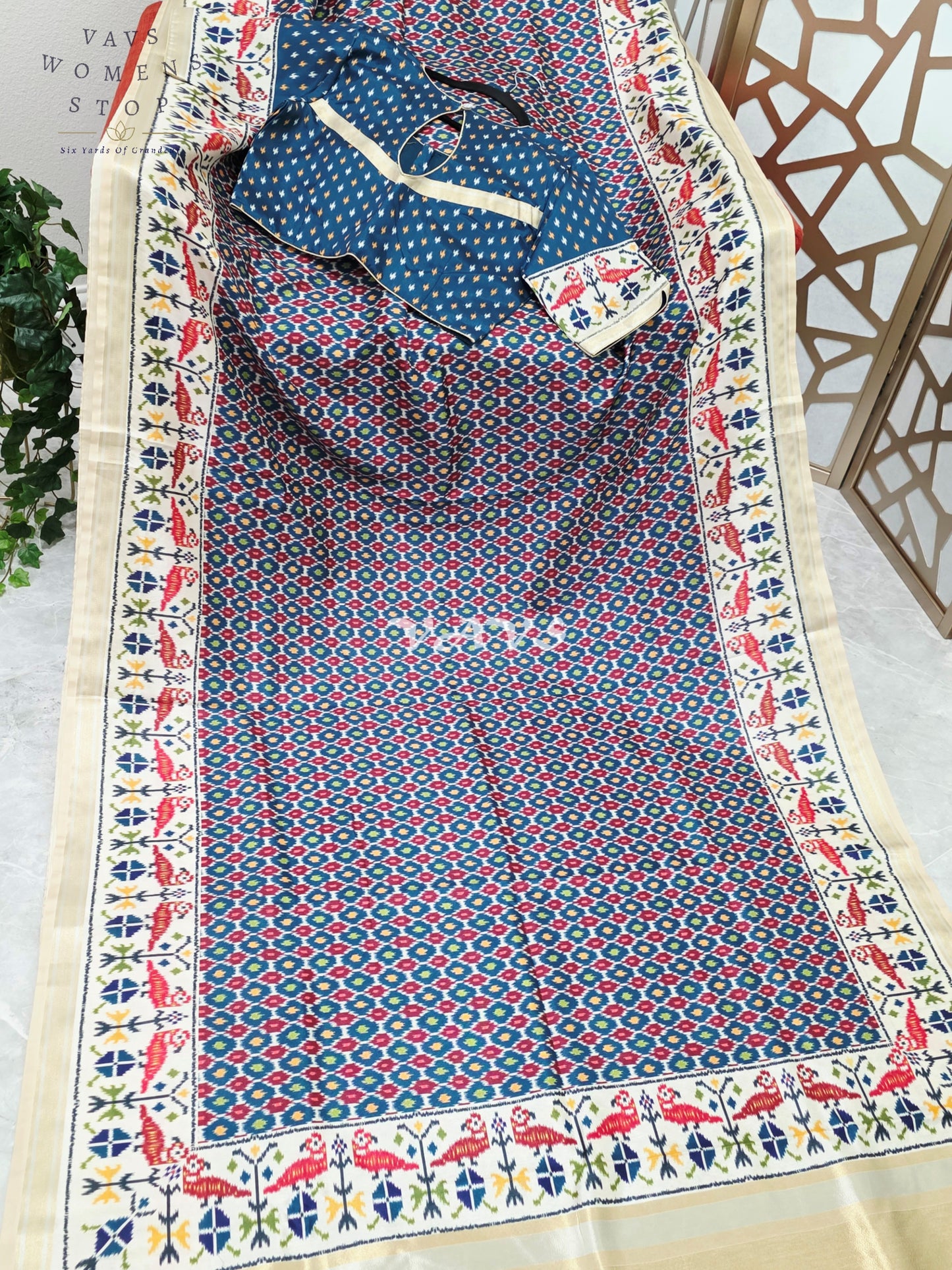 Royal Indigo Blue Pochampally Ikkat Print Blended Banarasi Silk Saree with Ivory Gold Border & Stitched Blouse Size 40-46
