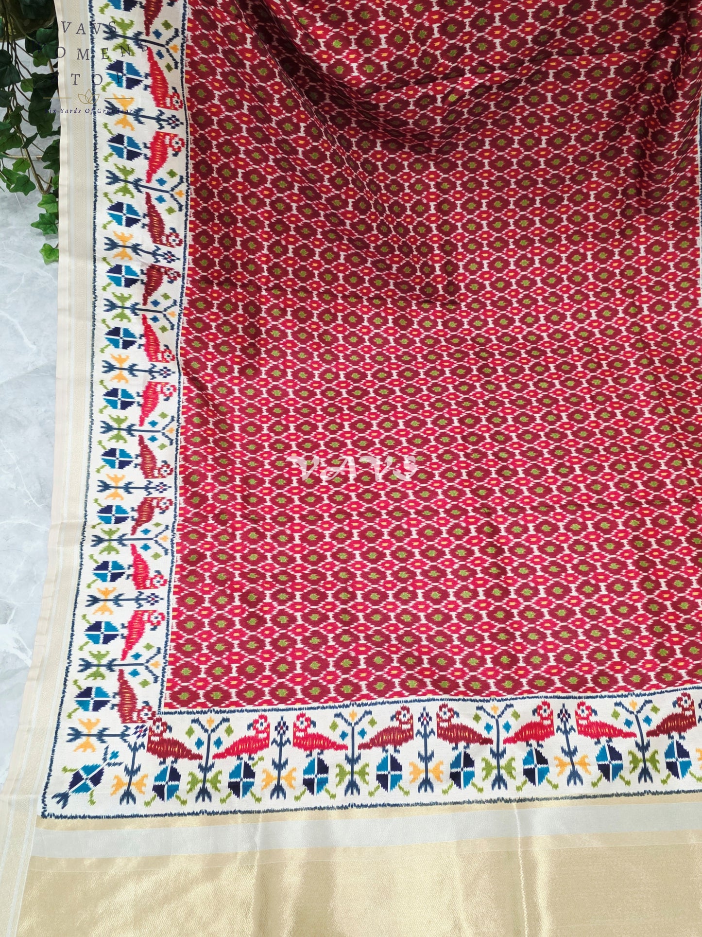 Regal Crimson Red Pochampally Ikkat Print Blended Banarasi Silk Saree with Ivory Gold Pallu & Stitched Blouse Size 38-44