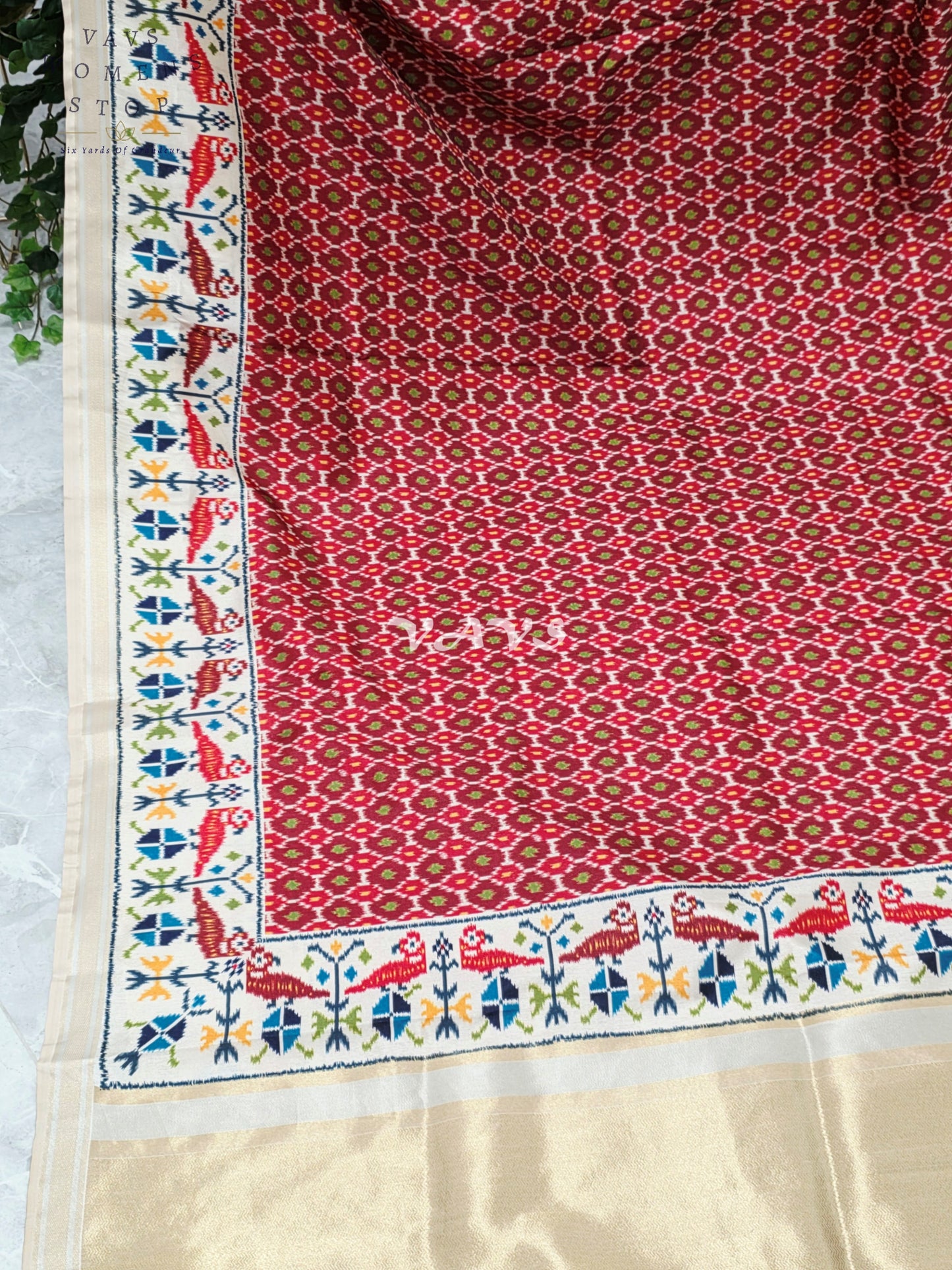 Regal Crimson Red Pochampally Ikkat Print Blended Banarasi Silk Saree with Ivory Gold Pallu & Stitched Blouse Size 38-44