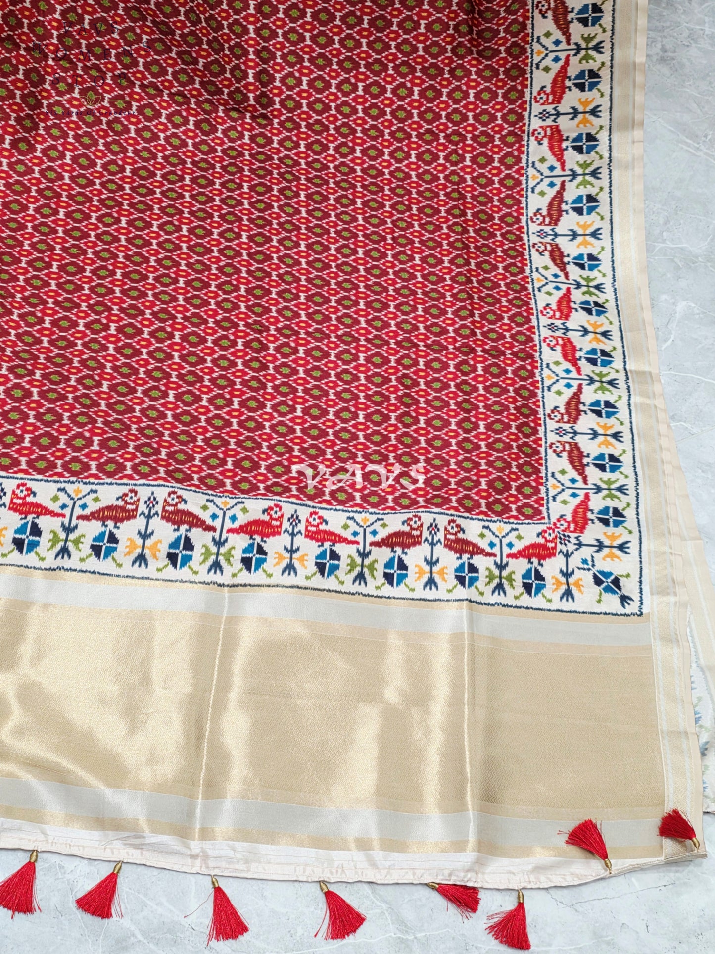 Regal Crimson Red Pochampally Ikkat Print Blended Banarasi Silk Saree with Ivory Gold Pallu & Stitched Blouse Size 38-44