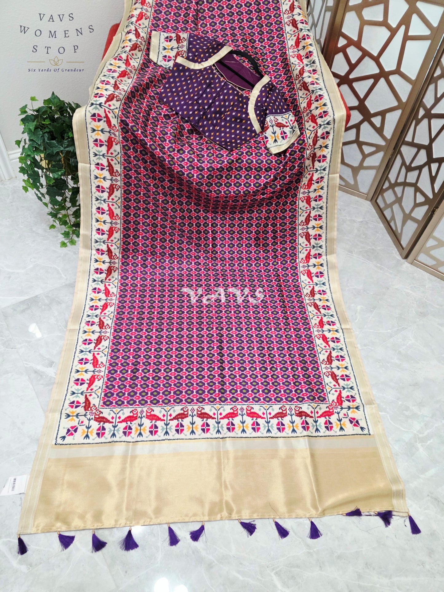 Regal Fuchsia Rose Pochampally Ikkat Print Blended Banarasi Silk Saree with Champagne Gold Pallu & Stitched Blouse Size 34-40