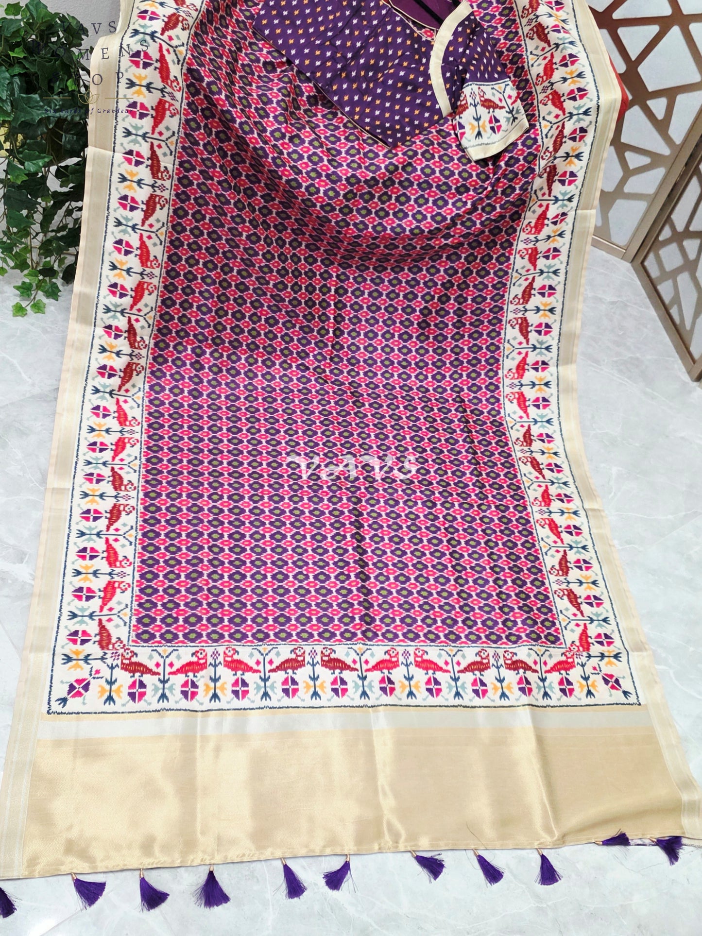Regal Fuchsia Rose Pochampally Ikkat Print Blended Banarasi Silk Saree with Champagne Gold Pallu & Stitched Blouse Size 34-40