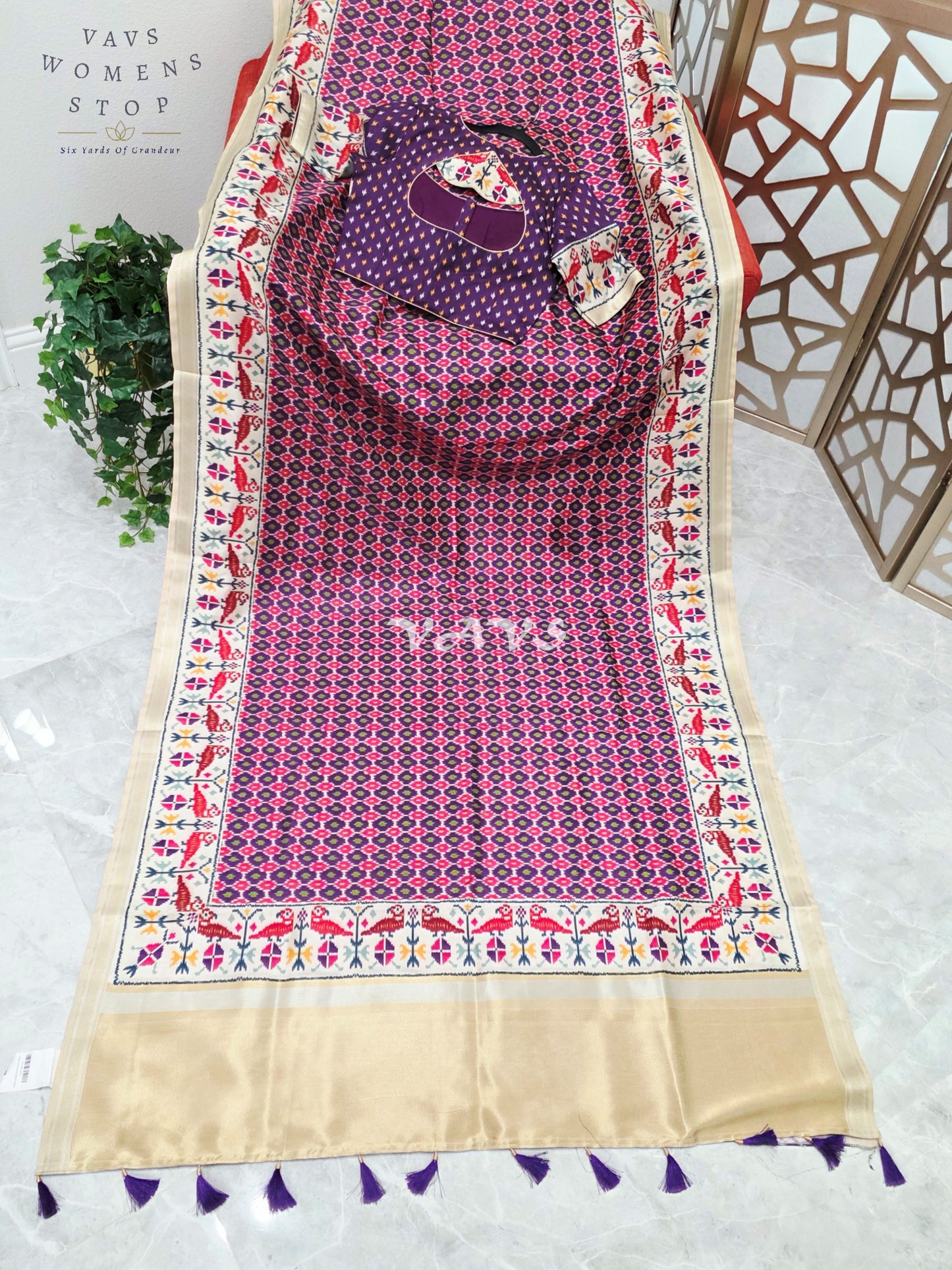 Regal Fuchsia Rose Pochampally Ikkat Print Blended Banarasi Silk Saree with Champagne Gold Pallu & Stitched Blouse Size 34-40