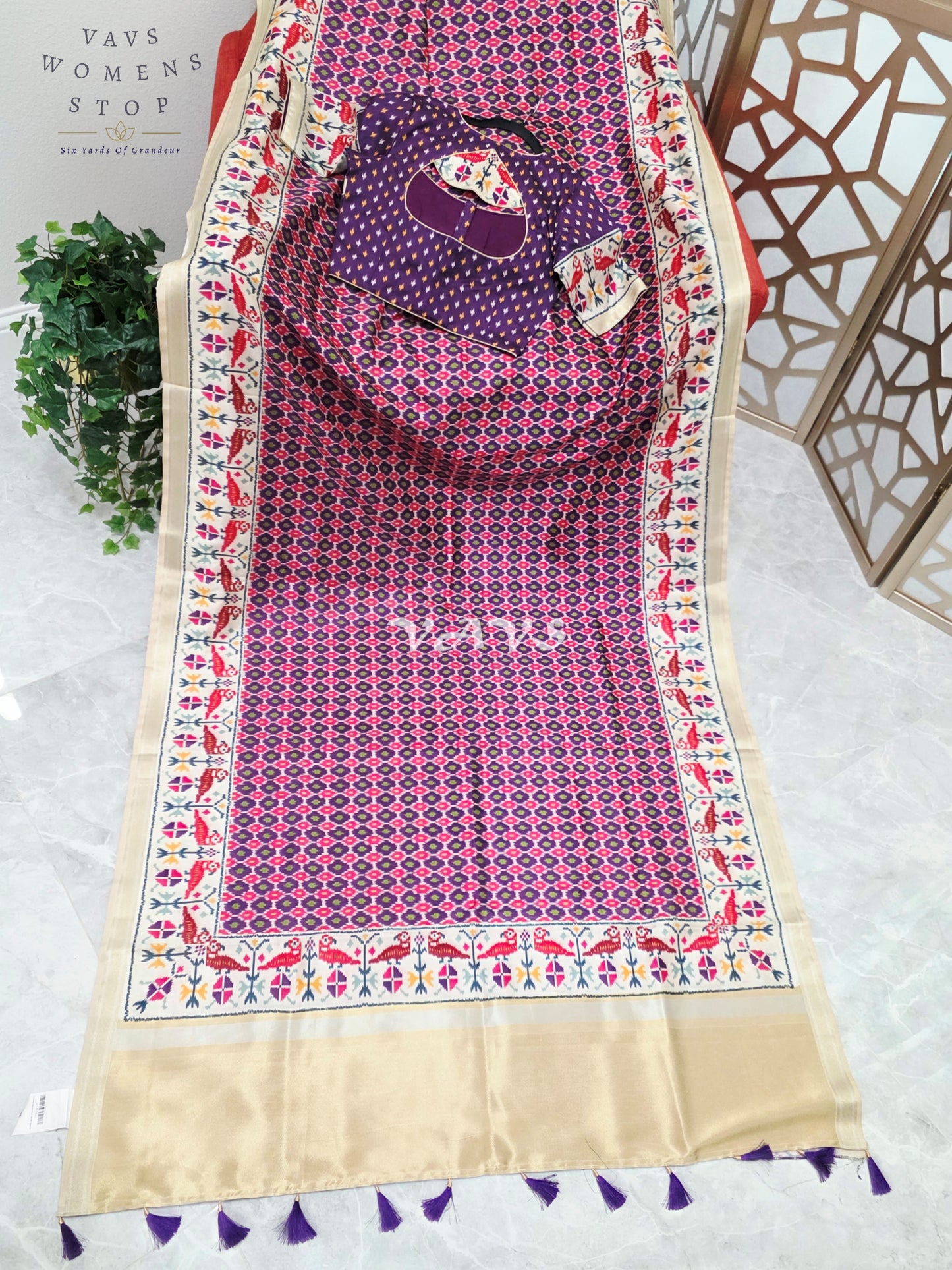 Regal Fuchsia Rose Pochampally Ikkat Print Blended Banarasi Silk Saree with Champagne Gold Pallu & Stitched Blouse Size 34-40