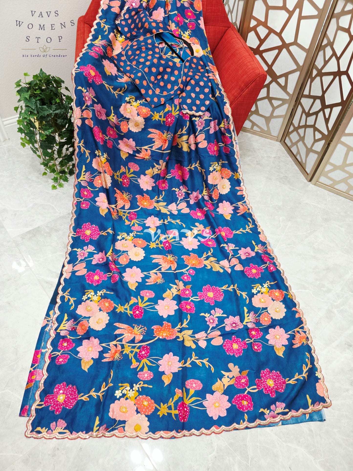 Royal Peacock Teal Soft Russian Crepe Silk Floral Saree with Sequin Scallop Border & Stitched Blouse Size 38-44