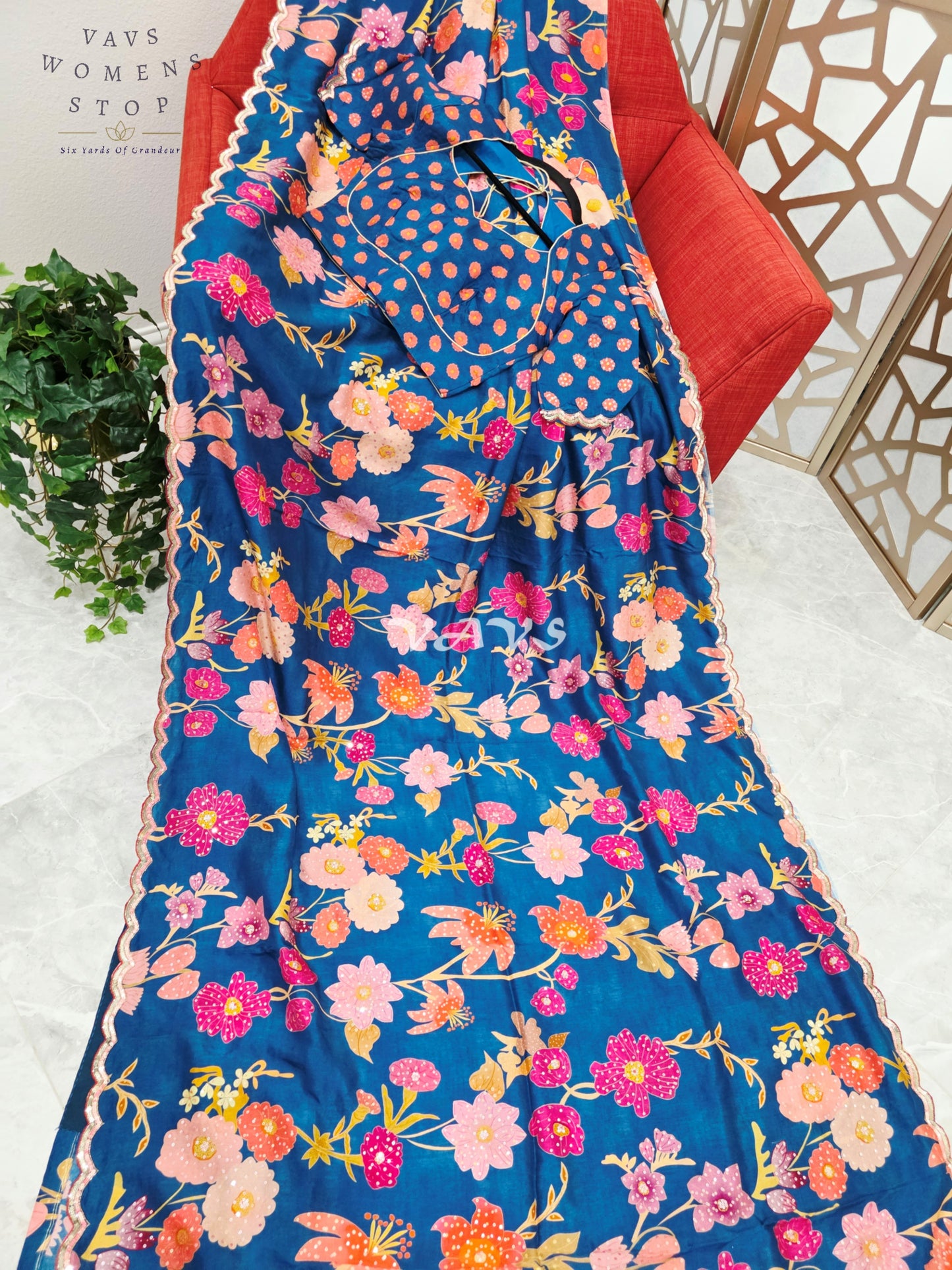 Royal Peacock Teal Soft Russian Crepe Silk Floral Saree with Sequin Scallop Border & Stitched Blouse Size 38-44