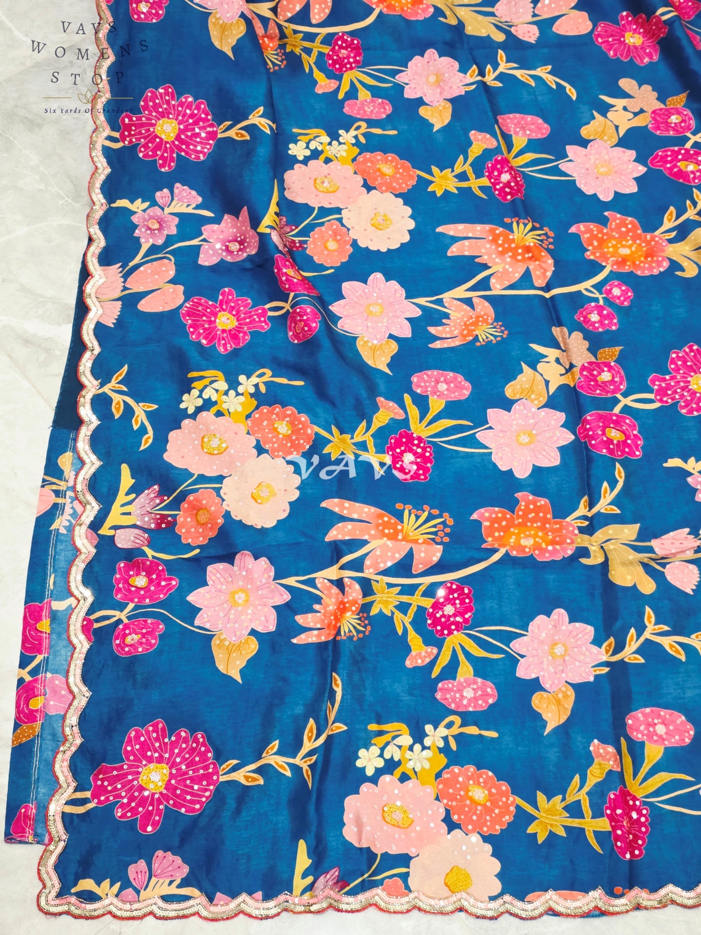 Royal Peacock Teal Soft Russian Crepe Silk Floral Saree with Sequin Scallop Border & Stitched Blouse Size 38-44