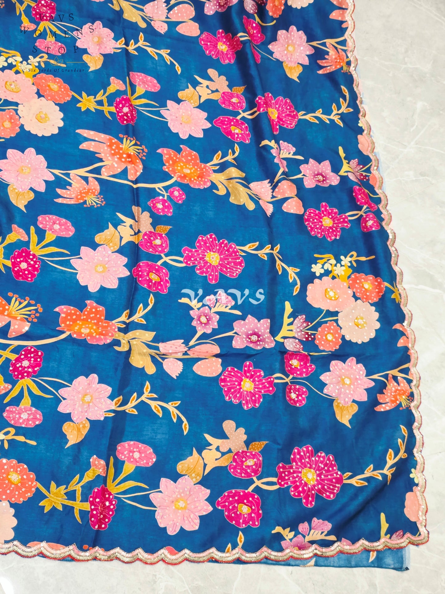 Royal Peacock Teal Soft Russian Crepe Silk Floral Saree with Sequin Scallop Border & Stitched Blouse Size 38-44