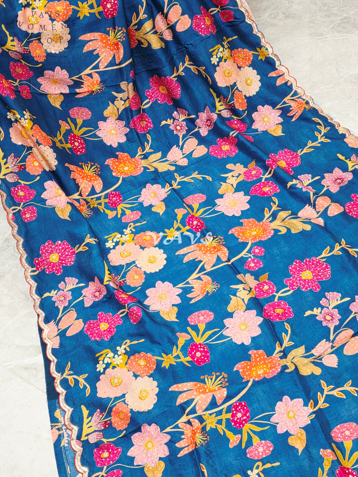 Royal Peacock Teal Soft Russian Crepe Silk Floral Saree with Sequin Scallop Border & Stitched Blouse Size 38-44