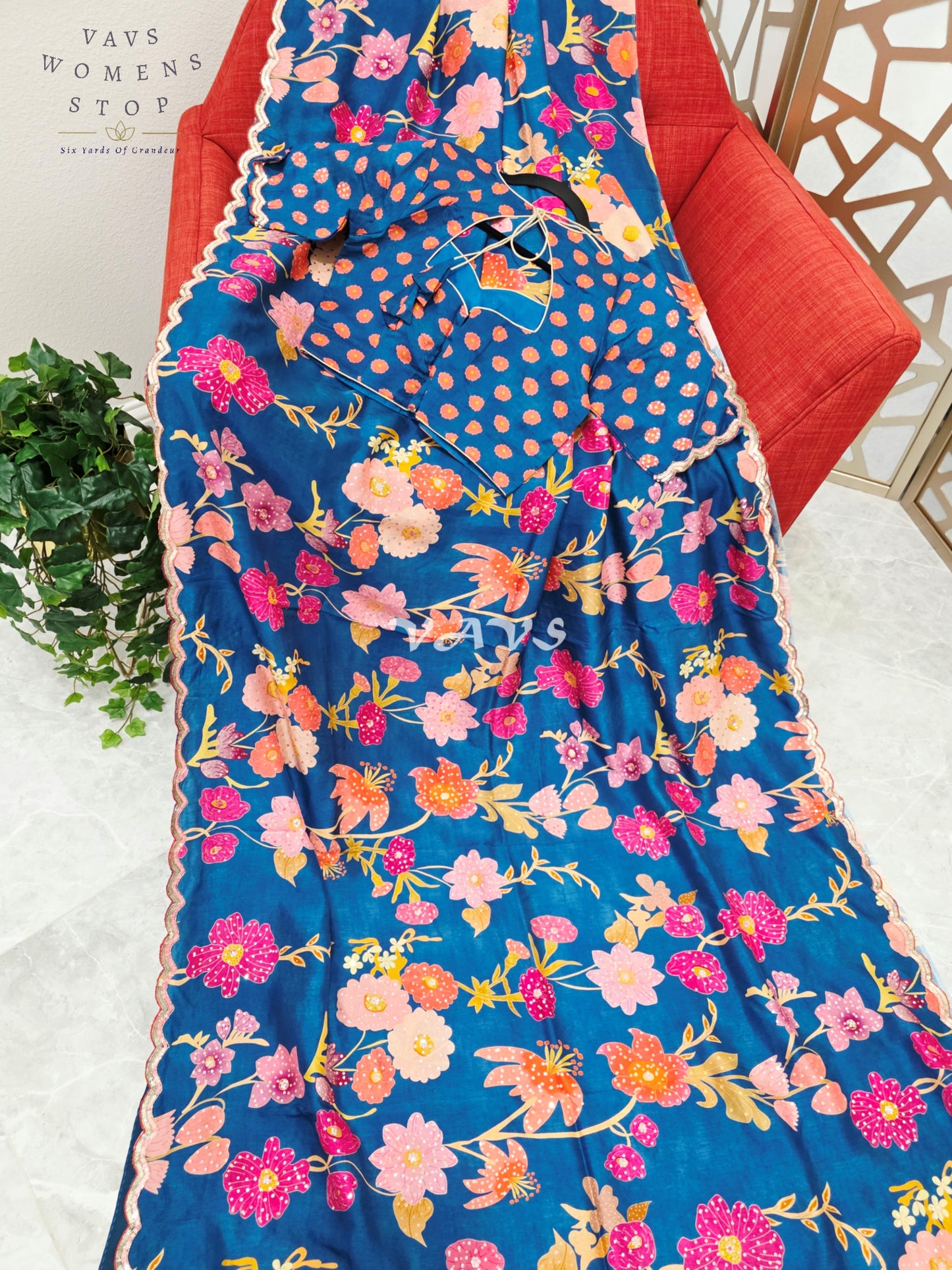 Royal Peacock Teal Soft Russian Crepe Silk Floral Saree with Sequin Scallop Border & Stitched Blouse Size 38-44