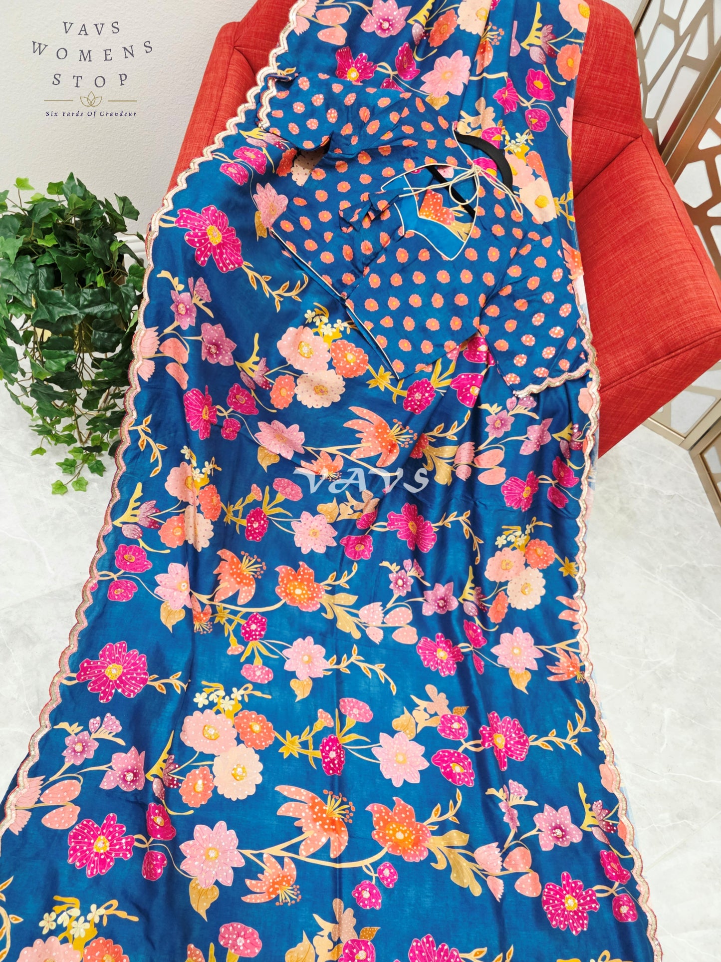Royal Peacock Teal Soft Russian Crepe Silk Floral Saree with Sequin Scallop Border & Stitched Blouse Size 38-44